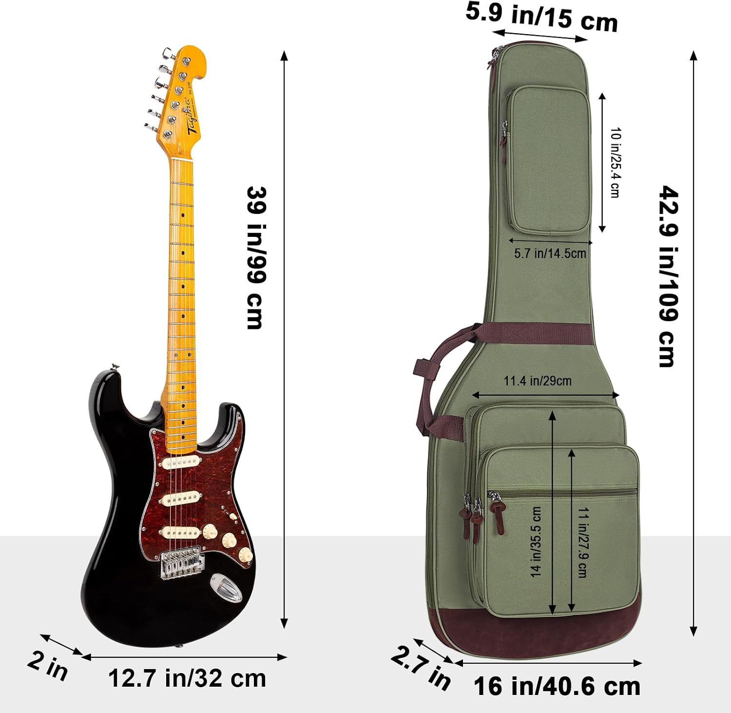 Electric Guitar Bag 0.5 Inch Padding Electric Guitar Case, Electric Guitar Gig Bag Backpack with Neck Strap and 4 Pockets, Green