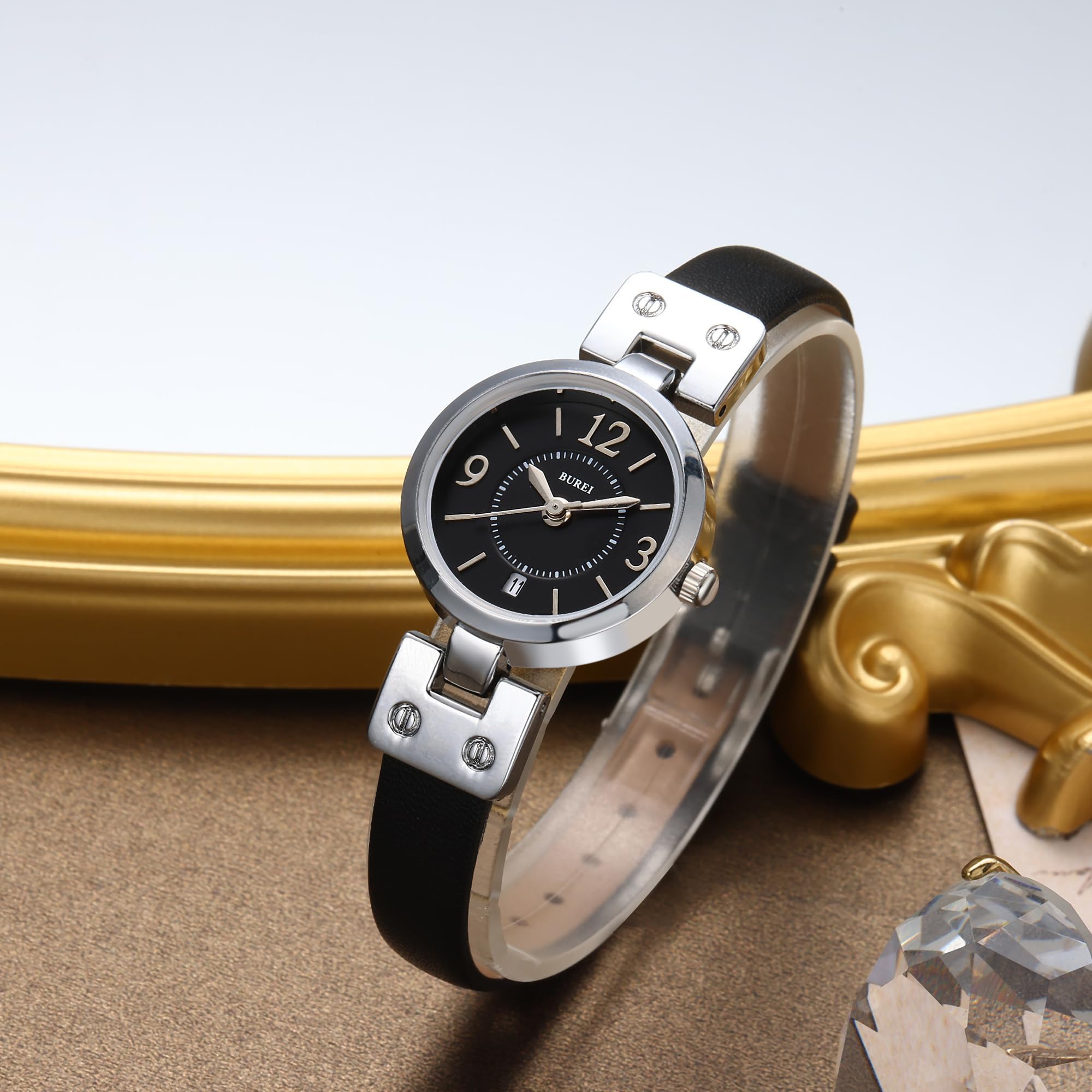 BUREI Orologio al quarzo da donna, 25 mm, quadrante piccolo ed elegante con cinturino in pelle, minimalista, leggero, casual, regalo per la festa della mamma, nero-argento-nero-argento, Casual Nicchia