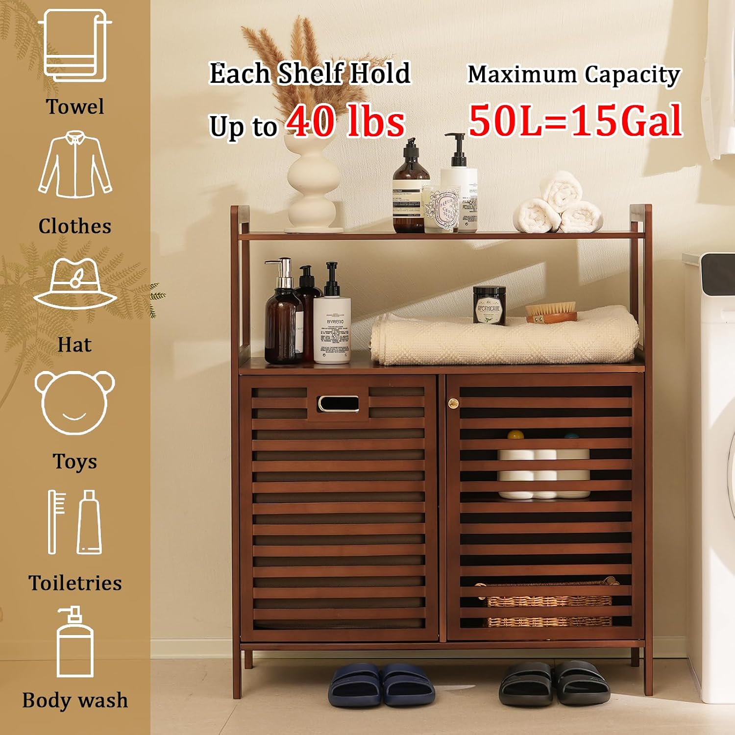 Baveke Tilt Out Laundry Hamper with shelves- Bamboo Storage Cabinet, Brown image 3