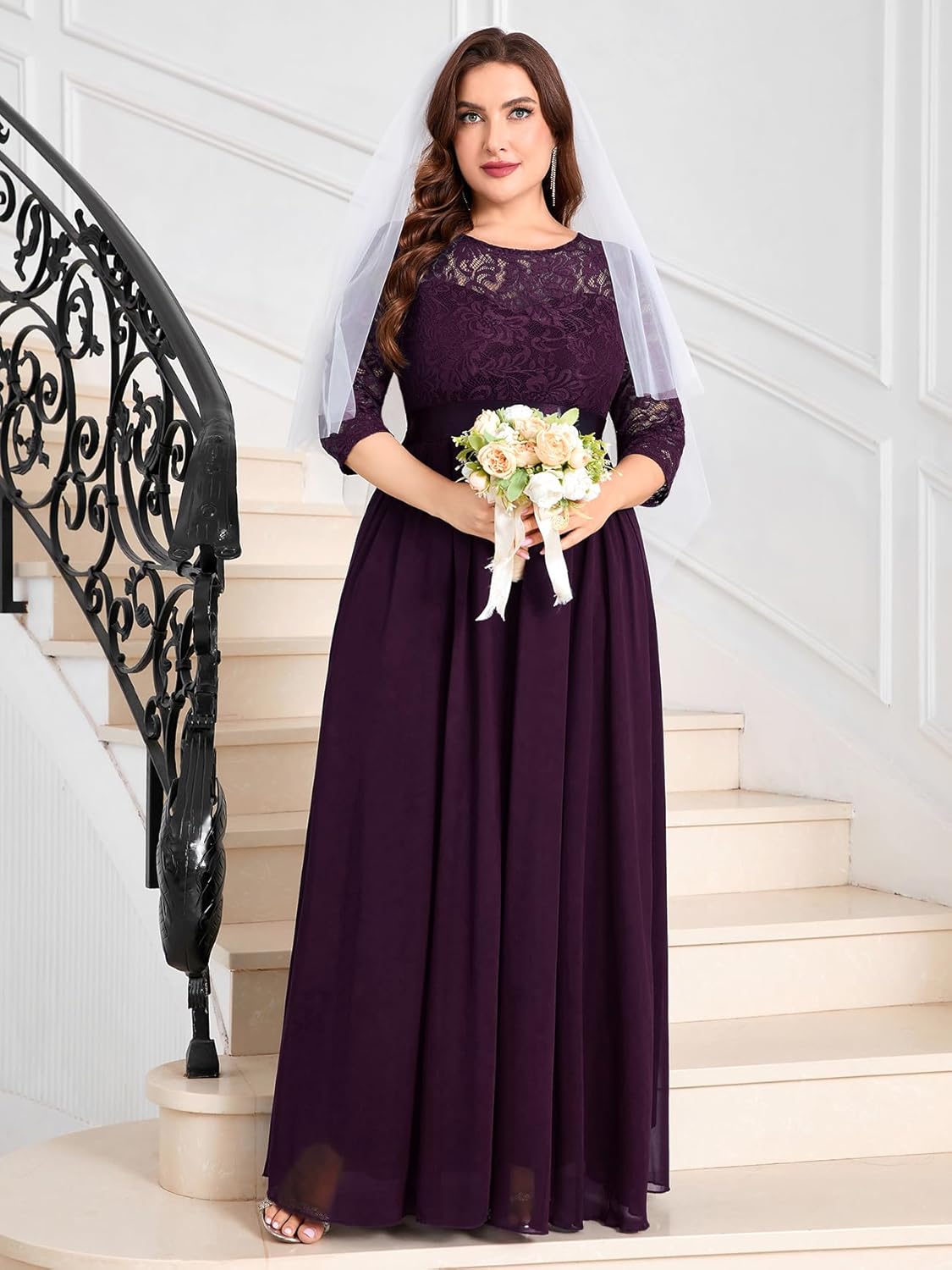CYCLAMEN Plus Size Formal Lace Chiffon Dress Elegant 3/4 Sleeves Maxi Evening Gown Wedding Bridesmaid Party Dresses - Image 5