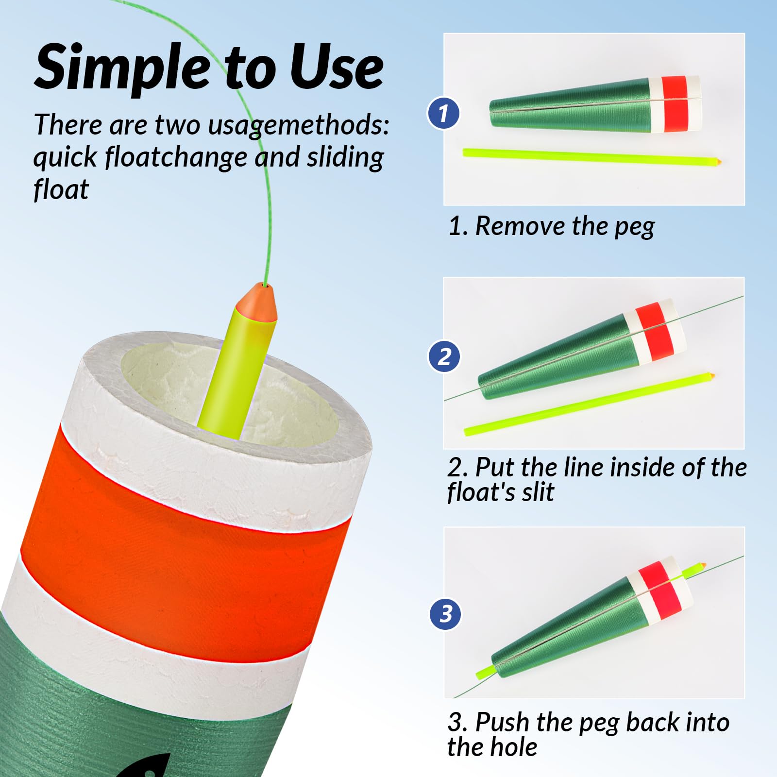 Fishing Bobbers Slotted, Weighted Fishing Floats, Bobbers for Fishing whith Glow Sticks, Fishing Corks, Fishing Bobbers Floats for Bluegill Panfish Trout Catfish Bass, 5PCS,3in,4in,5in (Green, 3in)