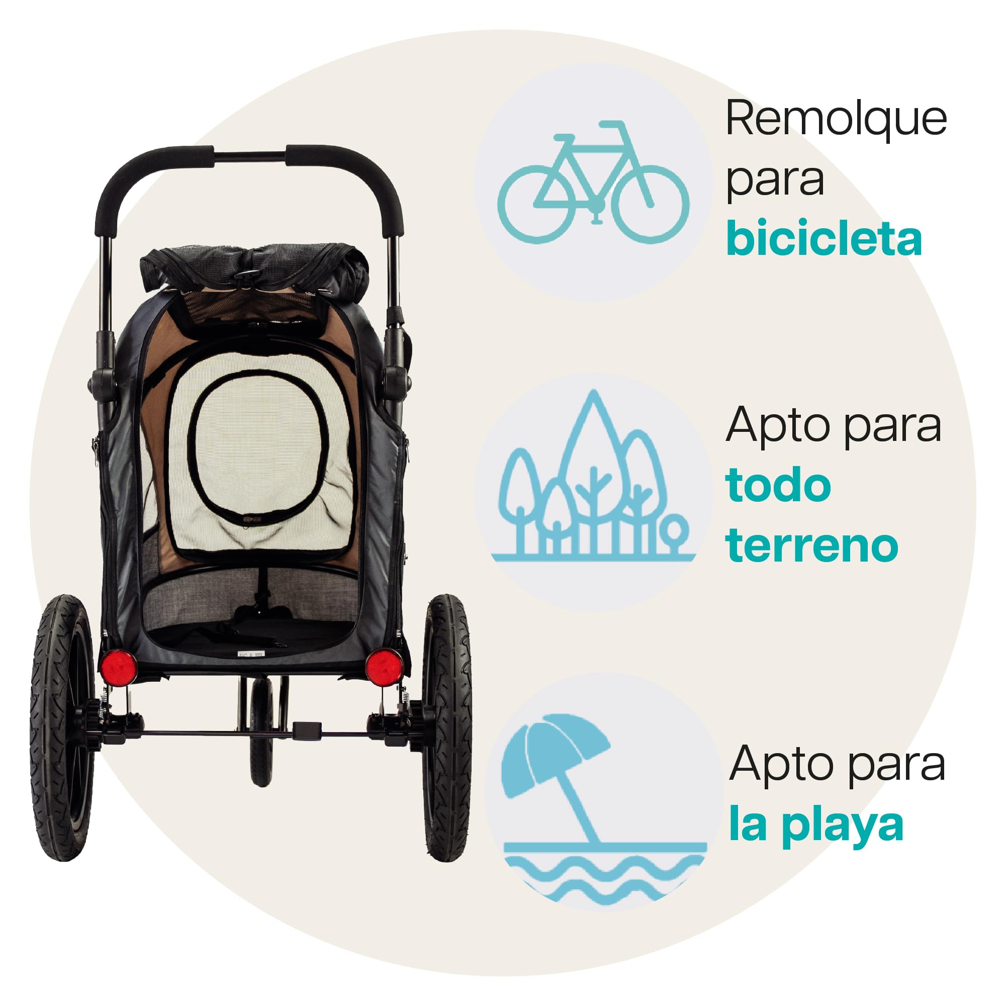 Innopet Sporty Evolution Latte - Cochecito y remolque para perros 2 en 1 beige/gris, hasta 30kg, con cubierta de lluvia, reflectores y correas de seguridad