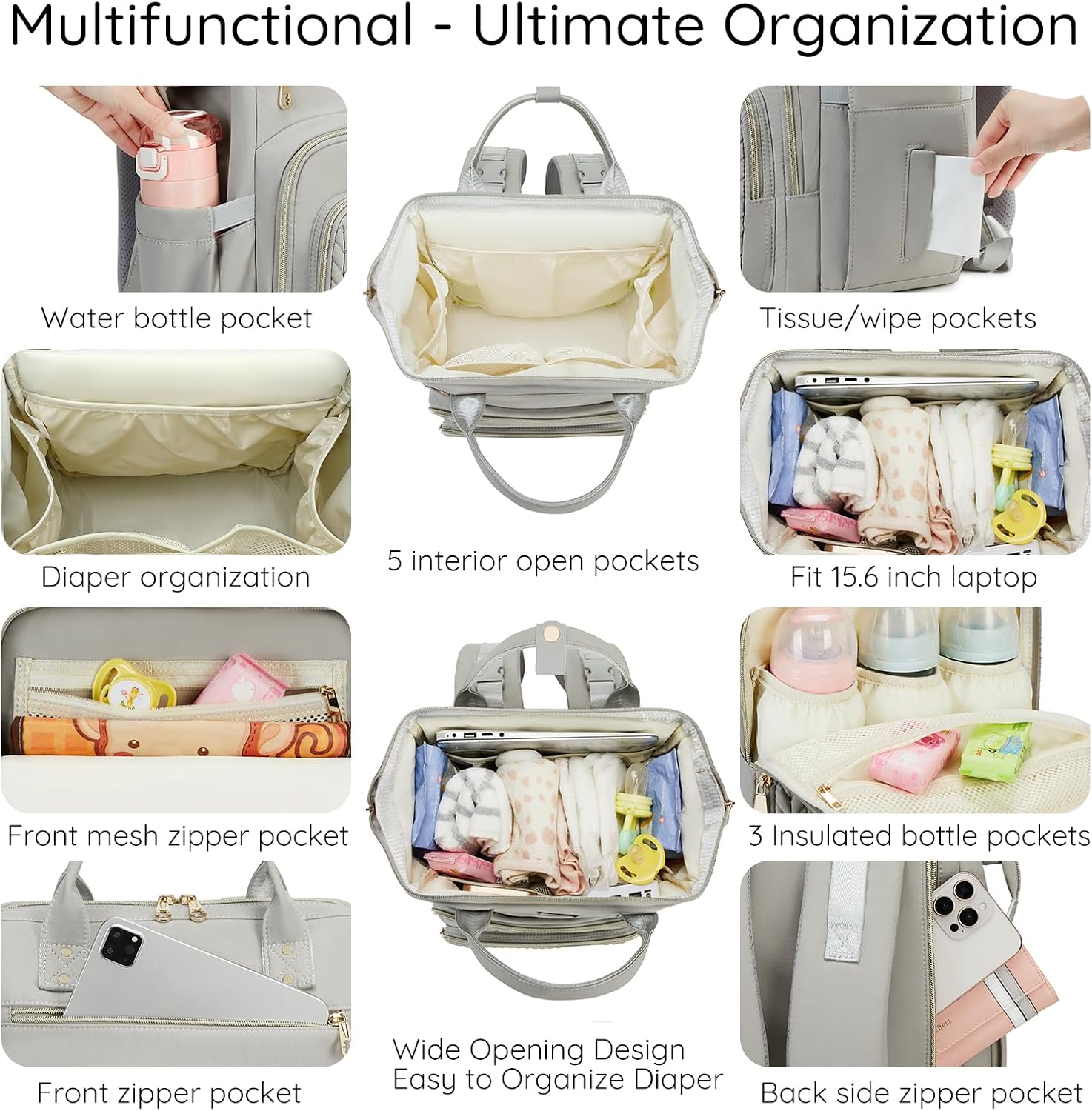 AIJIEKE Diaper Bag, Large Wide-Open Baby Diaper Backpack, Multi-functional Baby Travel Tote Bag, Diaper Bag with Changing Pad, Diaper Bags for Mom & Maternity (Grey) - Image 2