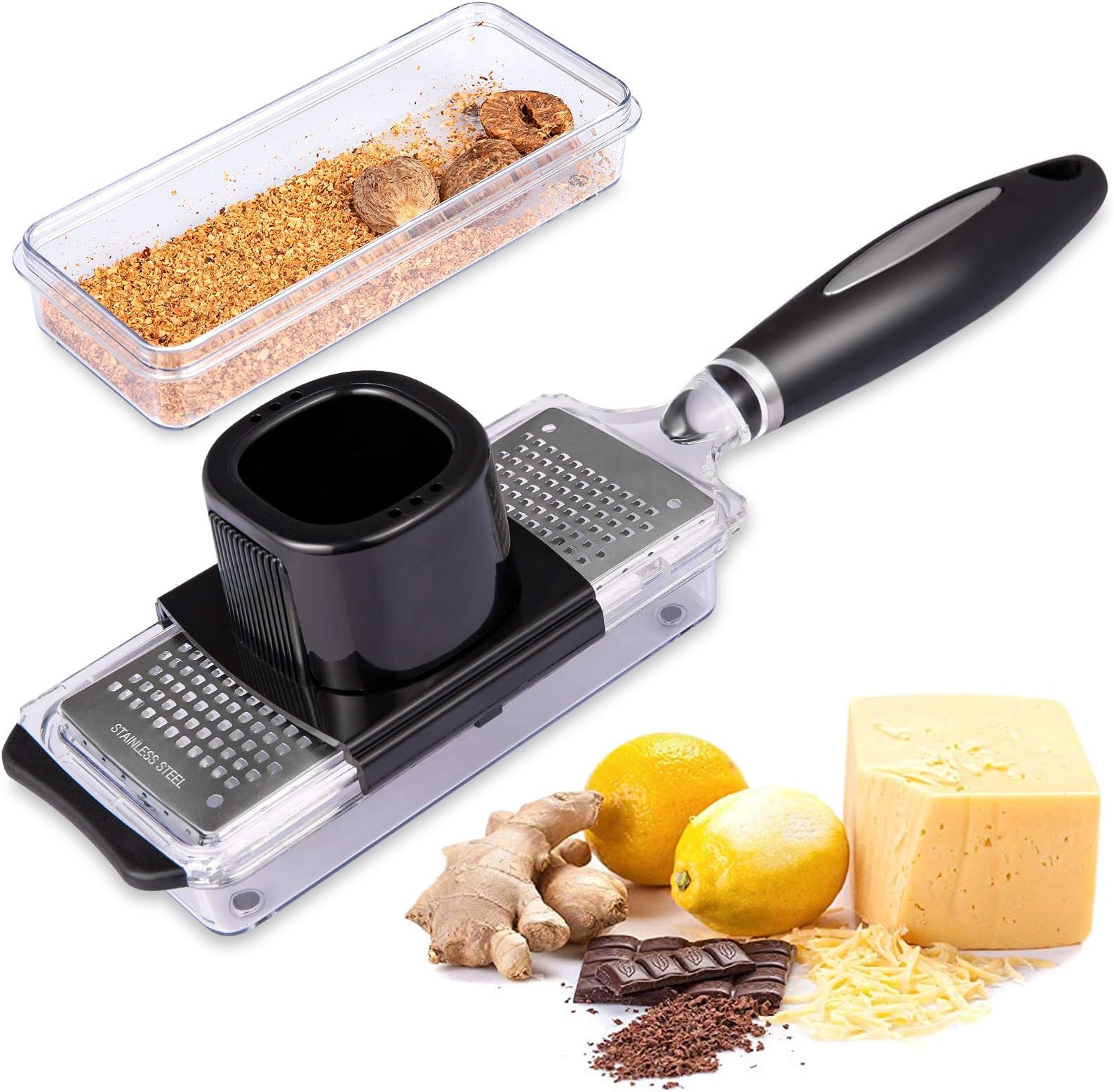 Ginger Grater Tool with Handle Lemon Zester with Catcher Premium Stainless Steel Mini Grater with Container Nutmeg Grinder Garlic Graters