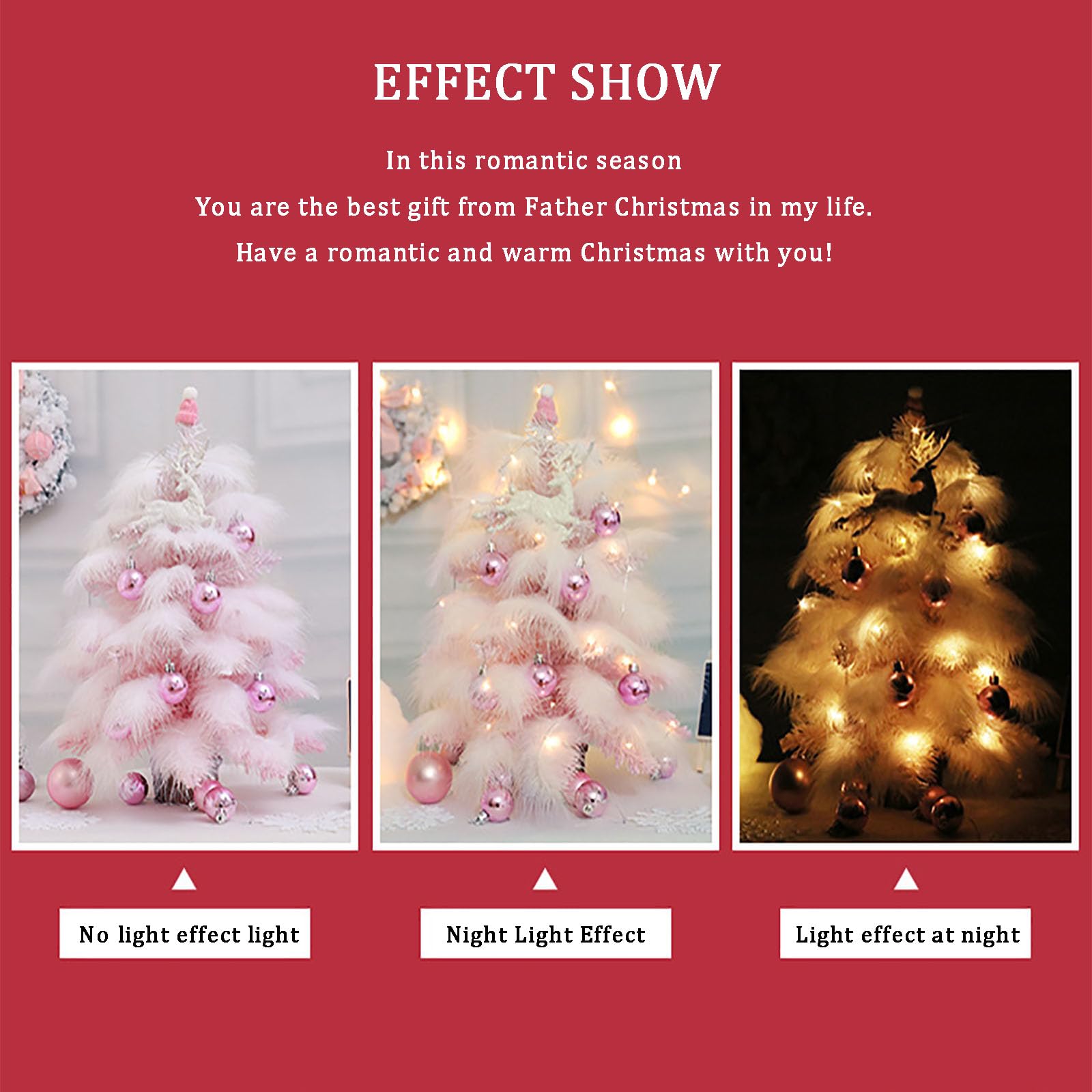 Roze kunstkerstboom, 45 cm, roze, mini-kerstboom met licht, mini-kerstboom met roze veren, houten basis, kerstballen, glitterhert, kleine hoed voor Kerstmis, bruiloft, feestdecoratie