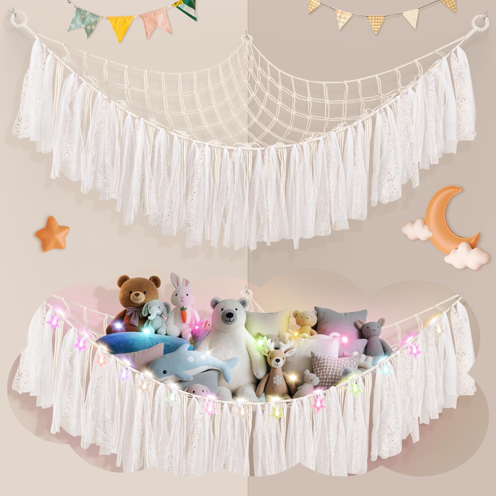 Teddy Hammock with LED Light, Boho Decor Plush Toy Storage Net, Teddy Bear Soft Toy Storage
