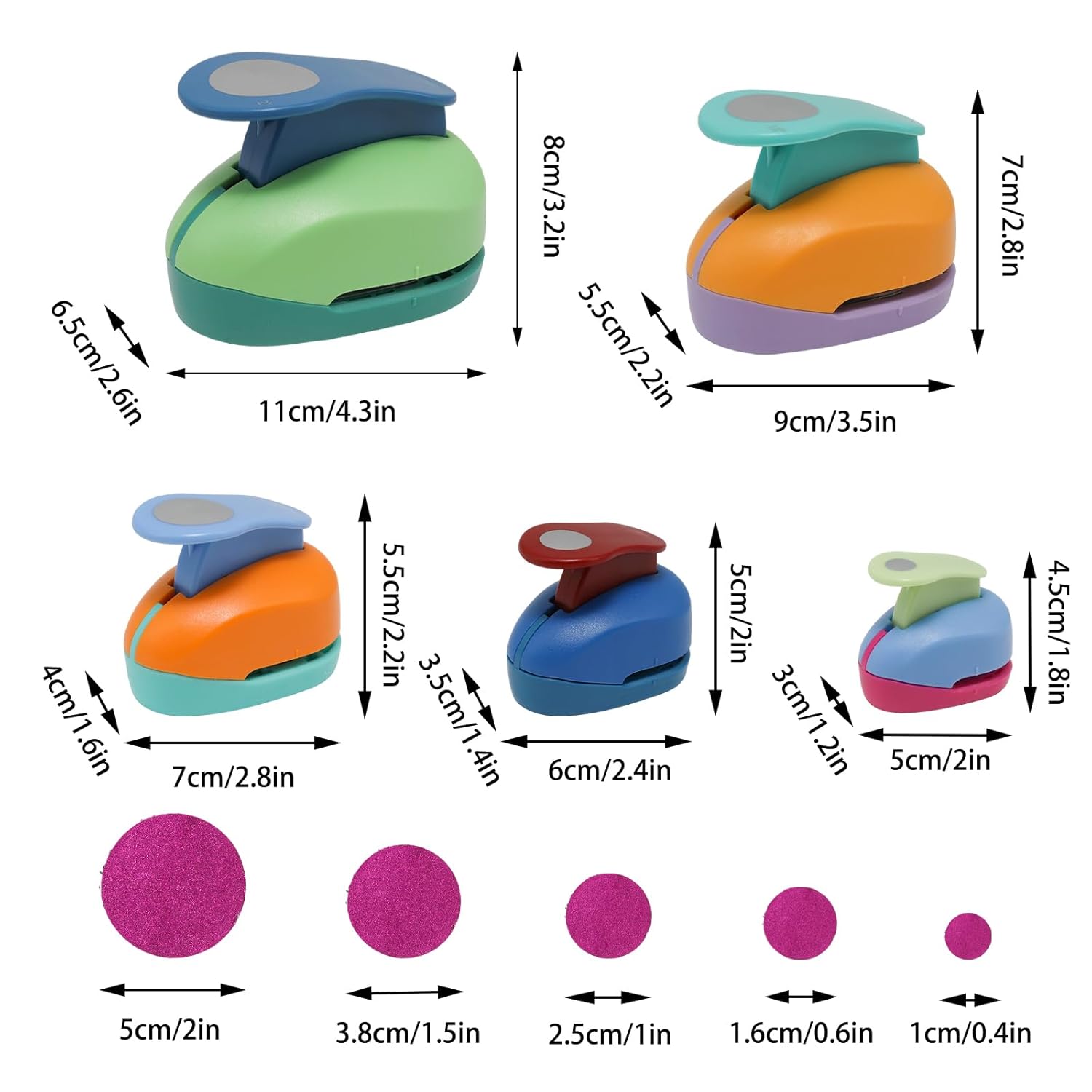 Paper Hole Puncher Set,5PCS Circle Punch (0.3"/ 0.6"/ 1"/ 1.5"/ 2"),for Cardstock,Gift Wrapping,Greeting Cards and Scrapbook(10PCS Glitter Sheets Included)