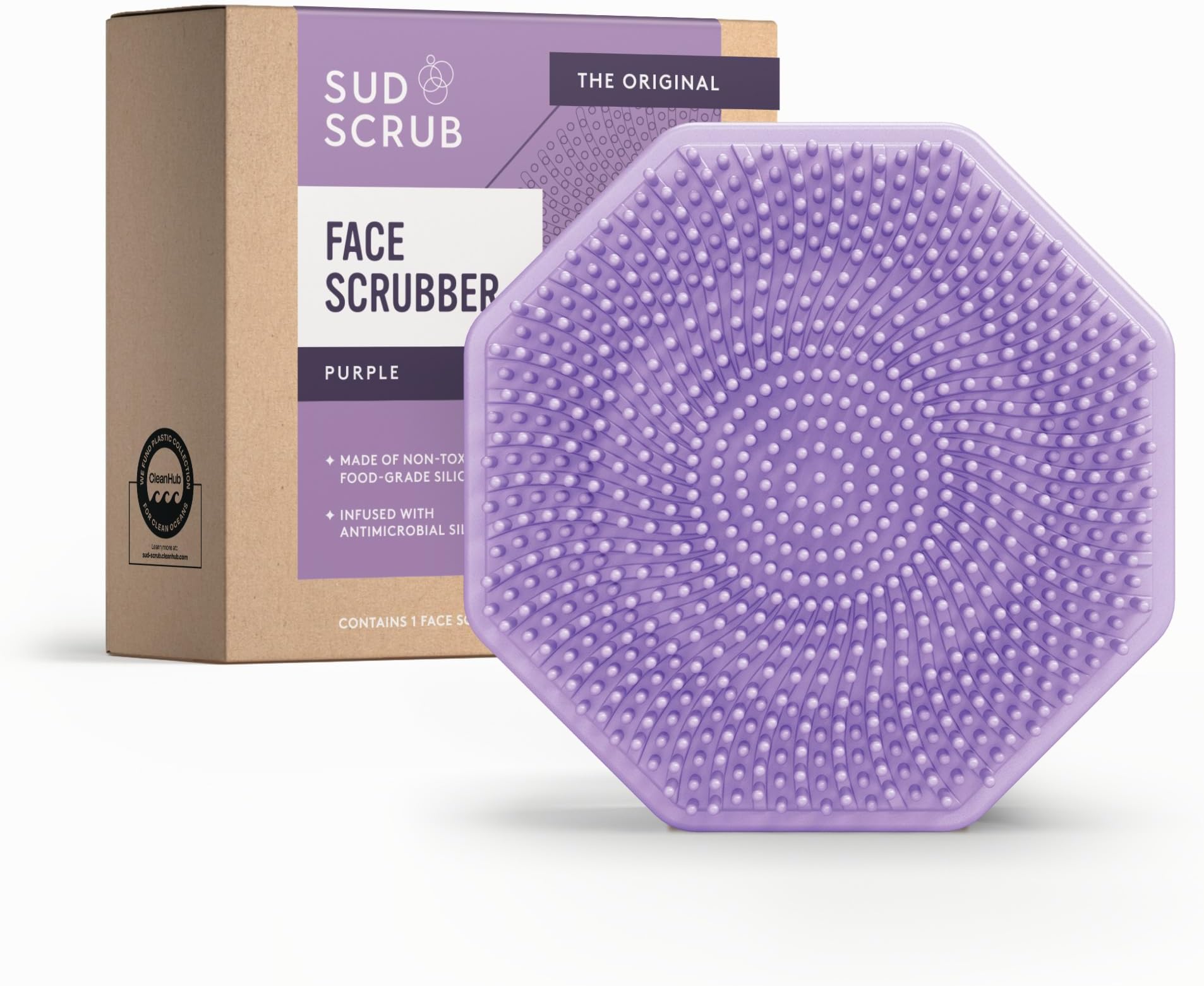 Sud Scrub® Antimicrobial Silicone Face Scrubber, 1 Pack, Gentle Face Exfoliator for Sensitive Skin, Eco Friendly Facial Cleansing Brush for Acne, Exfoliating Face Brush for Men and Women (Purple)