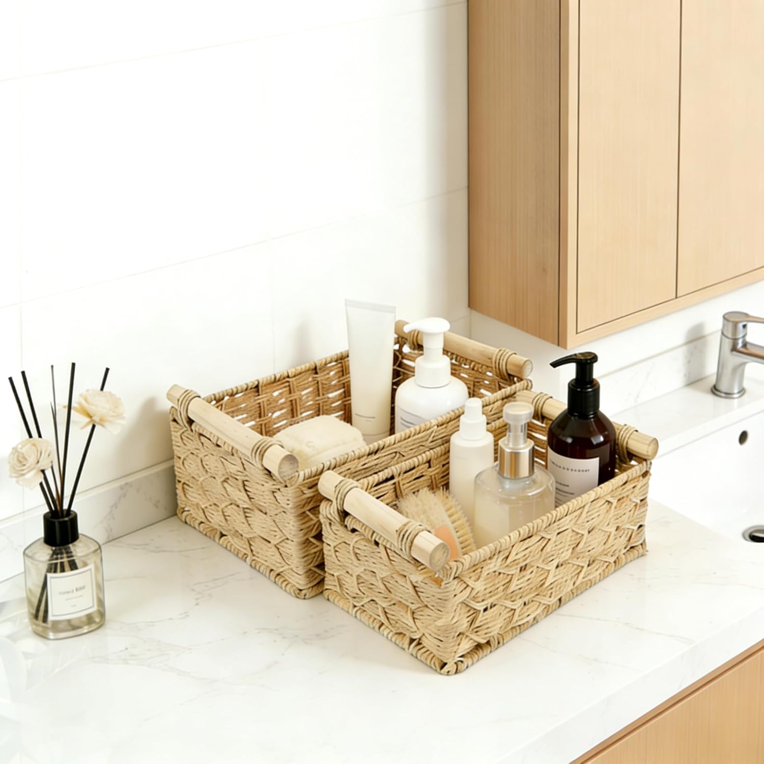 2Pcs Toilet Paper Storage Basket,Toilet Basket Tank Topper with Wood Handle Decorative Toilet Tank Bin,Back of Toilet Organizer,Decorative Paper Rope Basket for Home Bedroom Living Room Bathroom