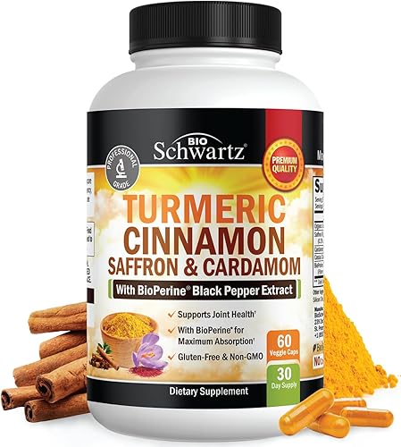 Suplemento de cúrcuma con azafrán, canela y cardamomo más extracto de pimienta negra BioPerine para una absorción óptima, suplemento natural de