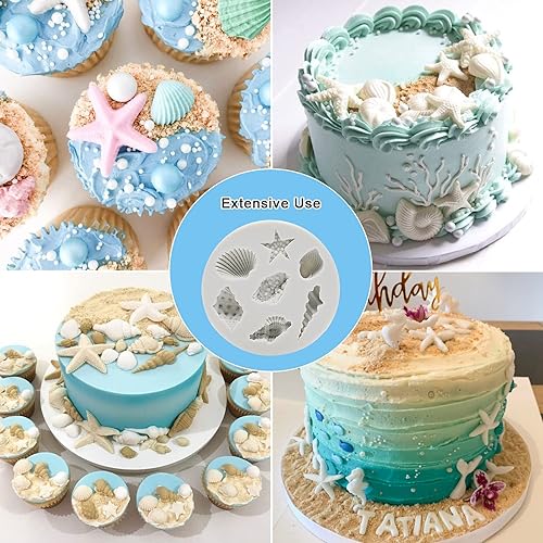 Miniatura 5 de MEMOVAN Molde de silicona bajo el mar, 3 piezas, molde de fondant marino, concha, estrella de mar, molde de silicona para hornear para debajo
