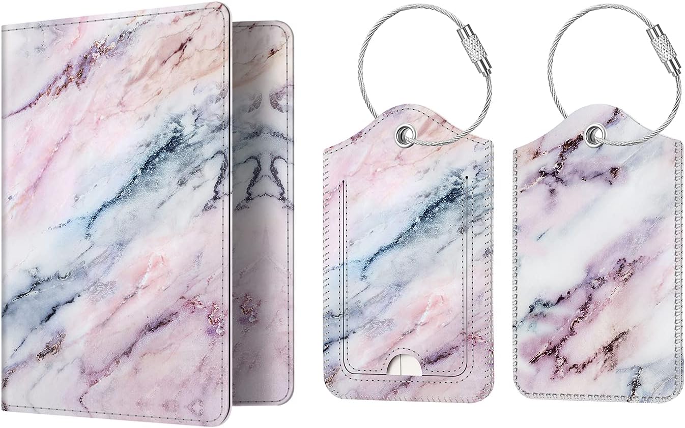 Passport Cover & 2Pcs Luggage Tag Set - Fintie Travel Passport Organizer Holder with 2 Pcs Bag Suitcase Name ID Labels, Marble Pink : Clothing, Shoes & Jewelry