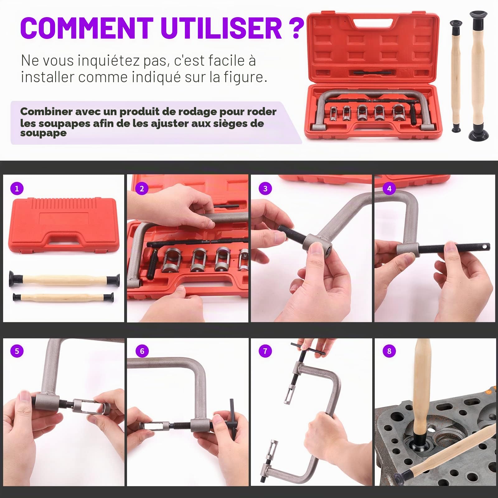 Swpeet Kit d'assortiment de 13 outils compresseurs de ressort de soupape, comprenant 5 adaptateurs poussoirs, vis d'extension, ensemble de rodoir de soupape et barre de compression pour moto, voiture