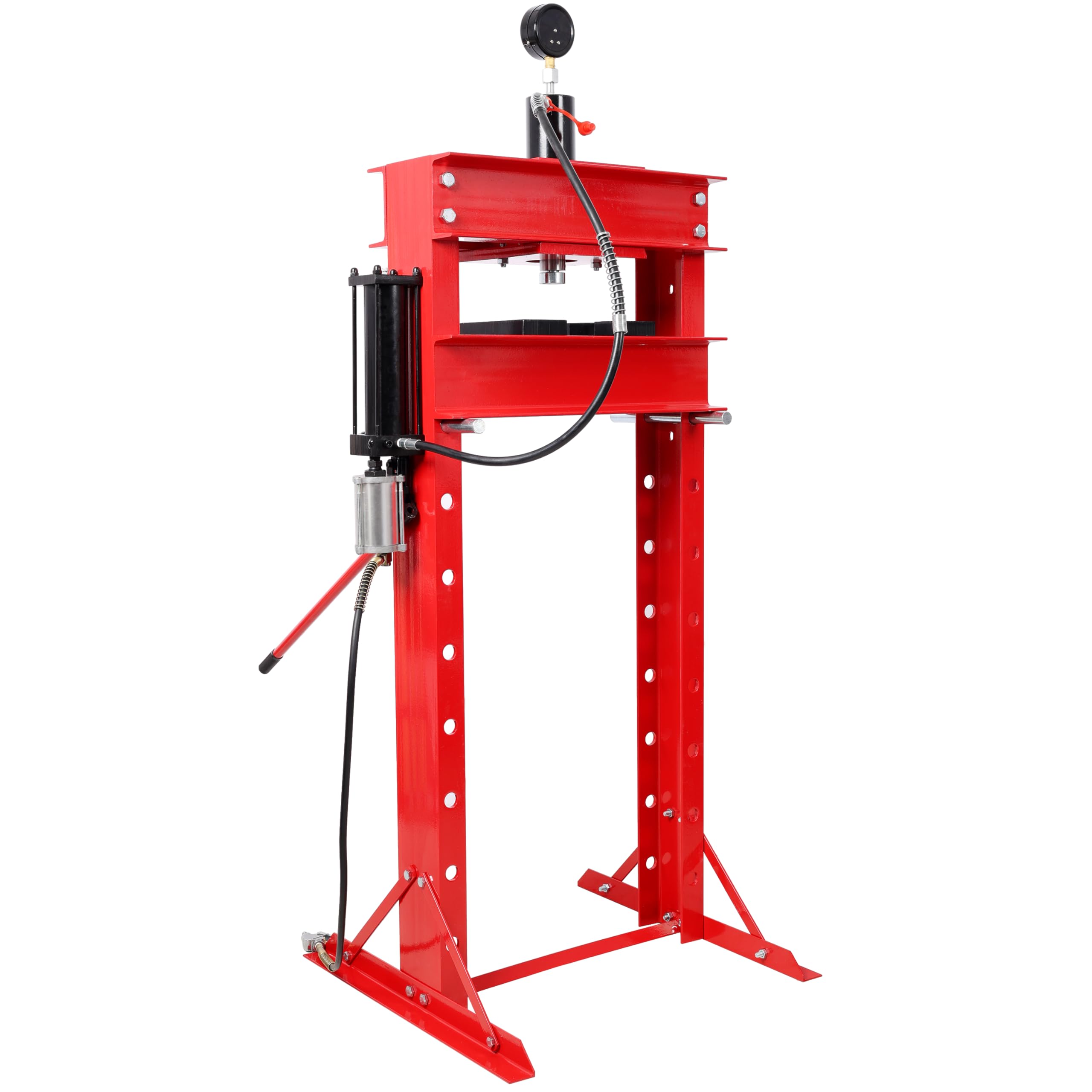 30 Ton Air Hydraulic Shop Press with Gauge - H-Frame Garage Floor Adjustable Height, Pneumatic Assist Pump, Heavy-Duty Steel Construction for Garage & Workshop Use (Red, 31.5 L × 27.5 W × 68.7 H)