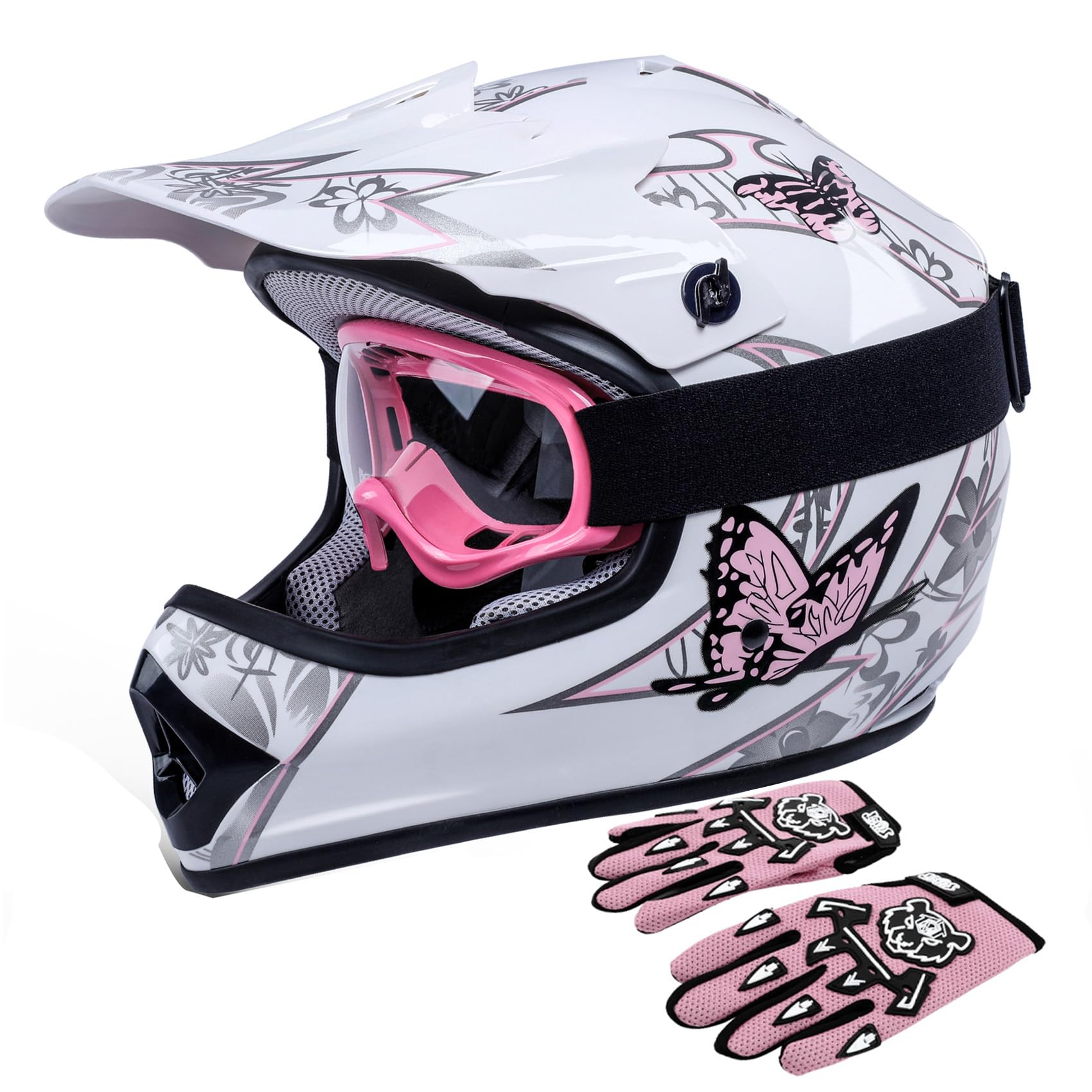 TCT-MOTORPARTS Pink Butterfly Girl DOT Kids Youth Motocross Helmets ATV Off-Road Dirt Bike Motorcycle Full Face Helmet+Gloves+Goggles Small