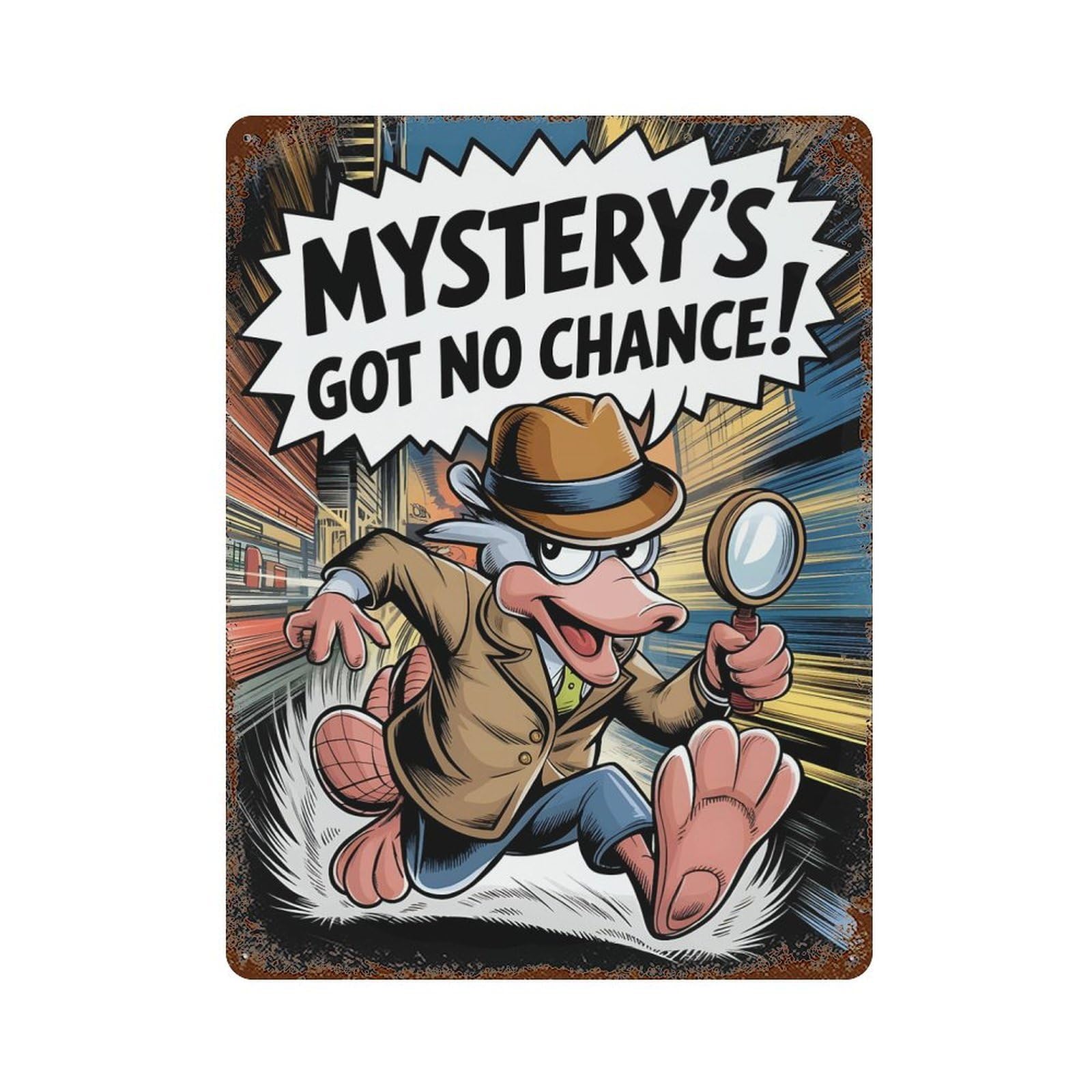 Platypus Detective Comic Style Illustration 15.7"x11.8" Aged Metal Wall Plaque, Novelty Wall Decor for Garage, Bar And Workshop Decor