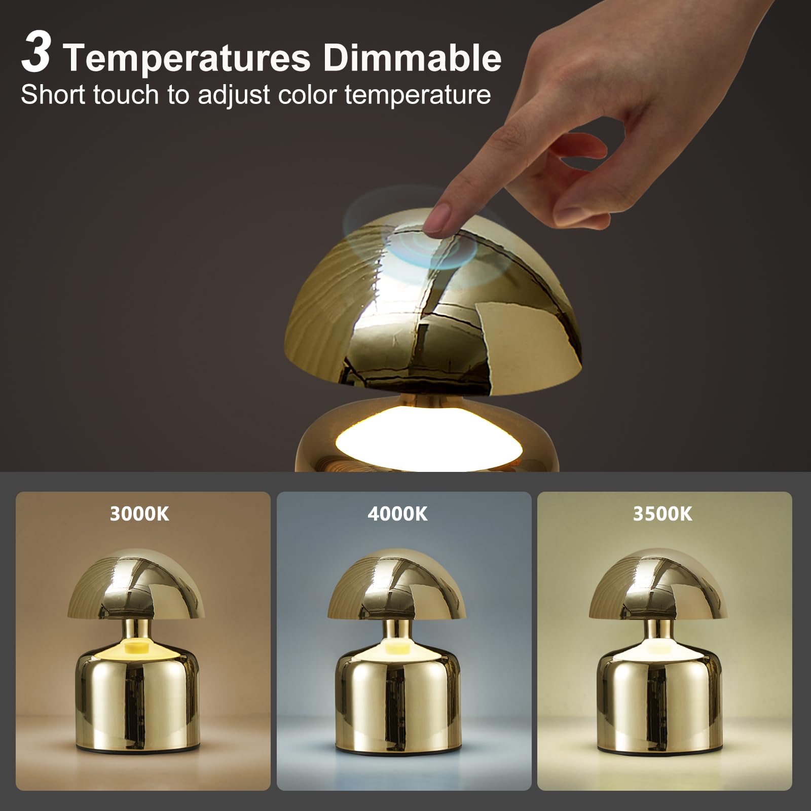 SAIWEYA Moderna lámpara de mesa pequeña sin cable, lámparas LED táctiles, 3 vías, regulable, mesita de noche, mini luz nocturna recargable para dormitorio, sala de estar