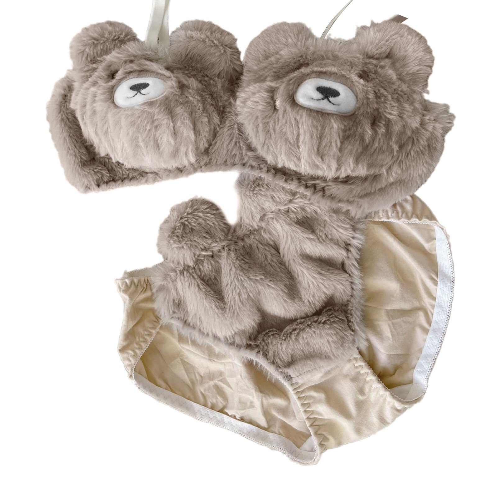 MIADOSHINSE Non For Women, Underwire Plush Bra Set Anime Sweet Bear Furry Underwear For Cosplay & Everyday Wear, Khaki, Large