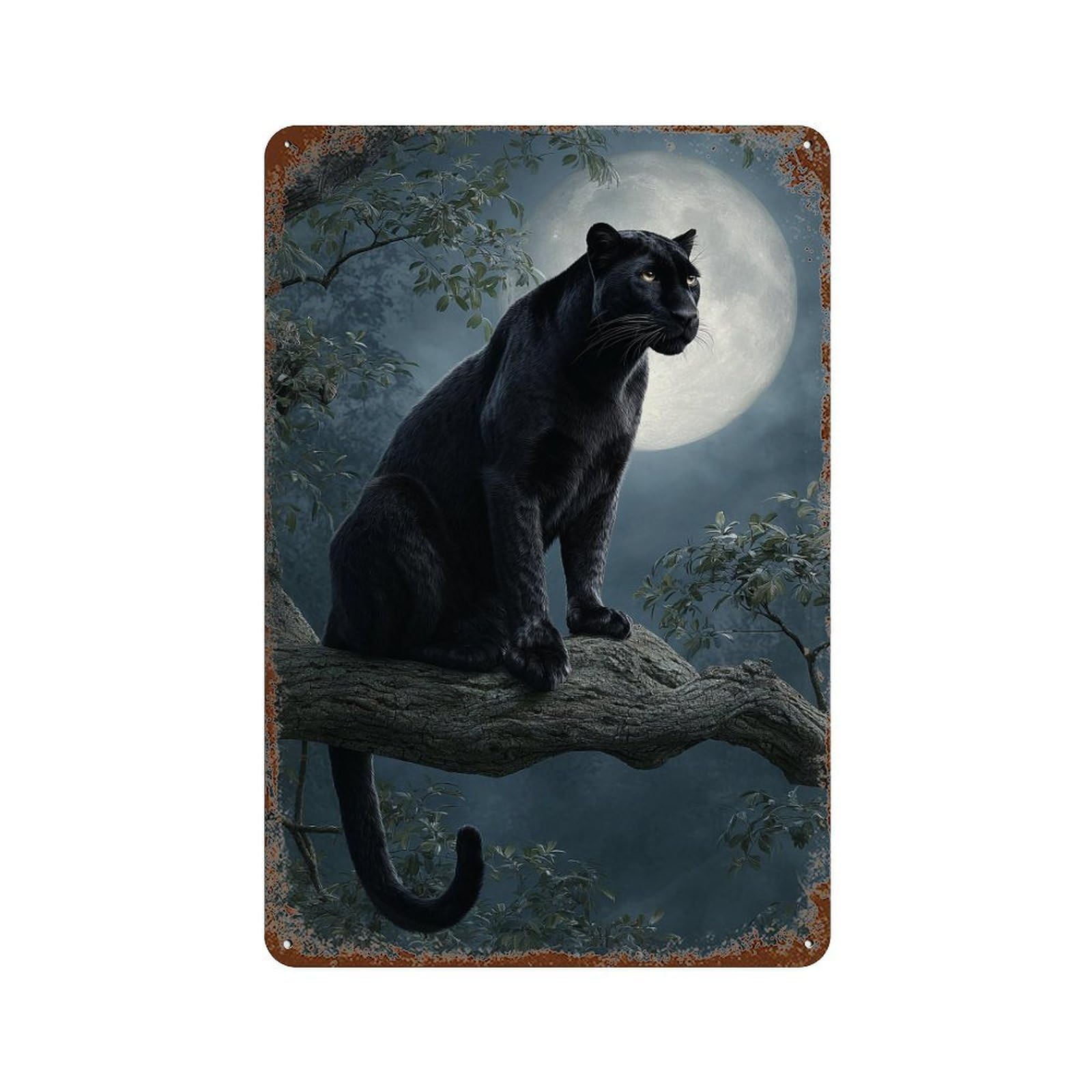 Retro Metal Sign Black Panther Moonlit Tree Branch 11.8"x7.9", Decorative Metal Wall Art for Pub, Kitchen And Man Cave Decor