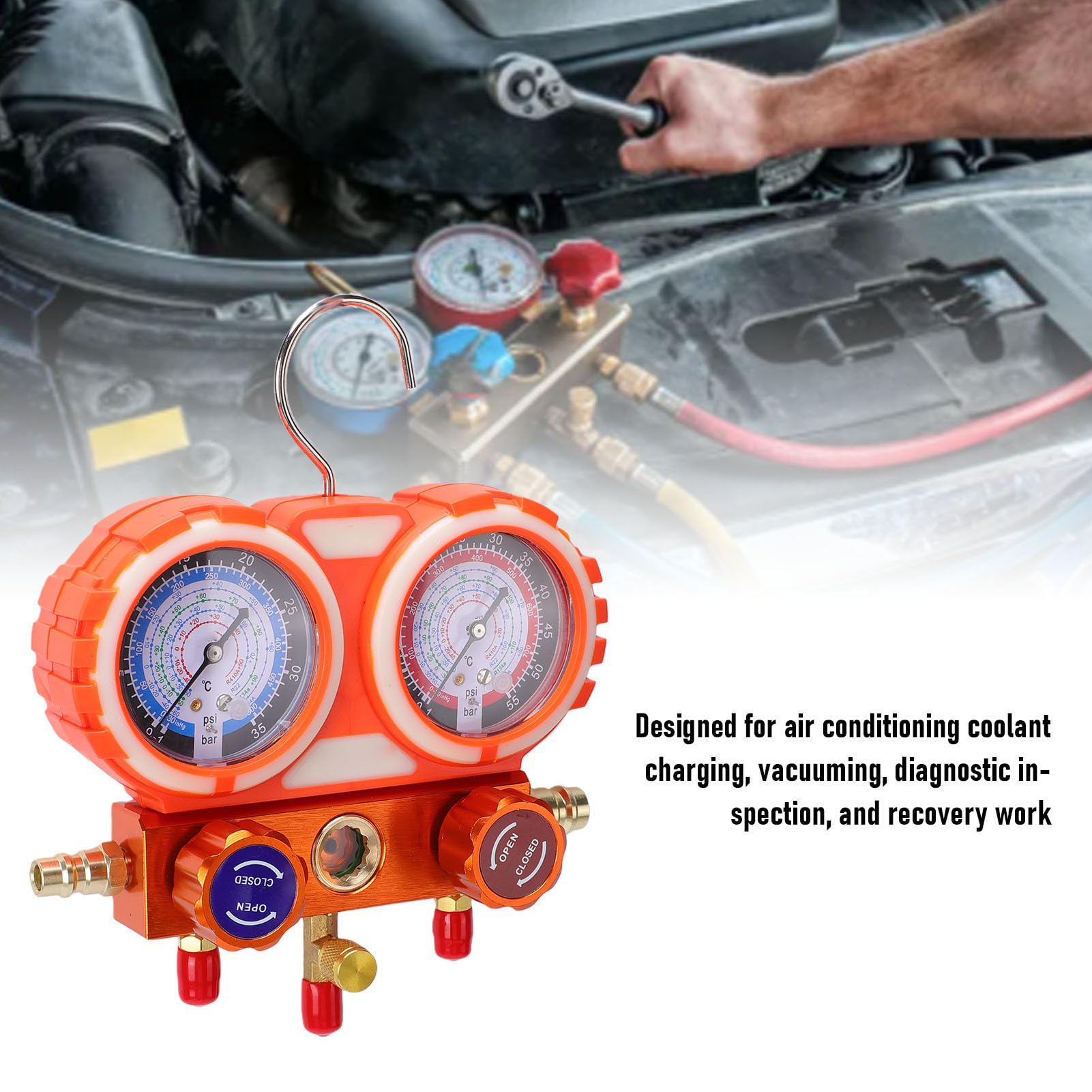 Zestaw Wskaźników Kolektora AC Motoryzacyjny 3 Zawory z Wężami o Długości 5 Stóp Mosiądz Aluminium ABS dla R12 R22 R134a R502 R1234yf Czynniki Chłodnicze Narzędzie Diagnostyczne HVAC
