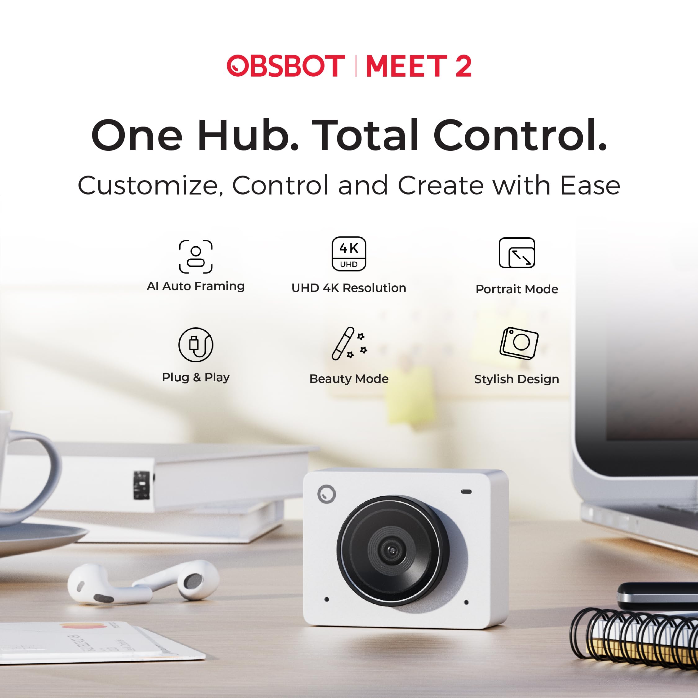 OBSBOT Meet 2 AI Webcam | 1/2″ Sensor, 4K AI Framing & Autofocus, HDR,