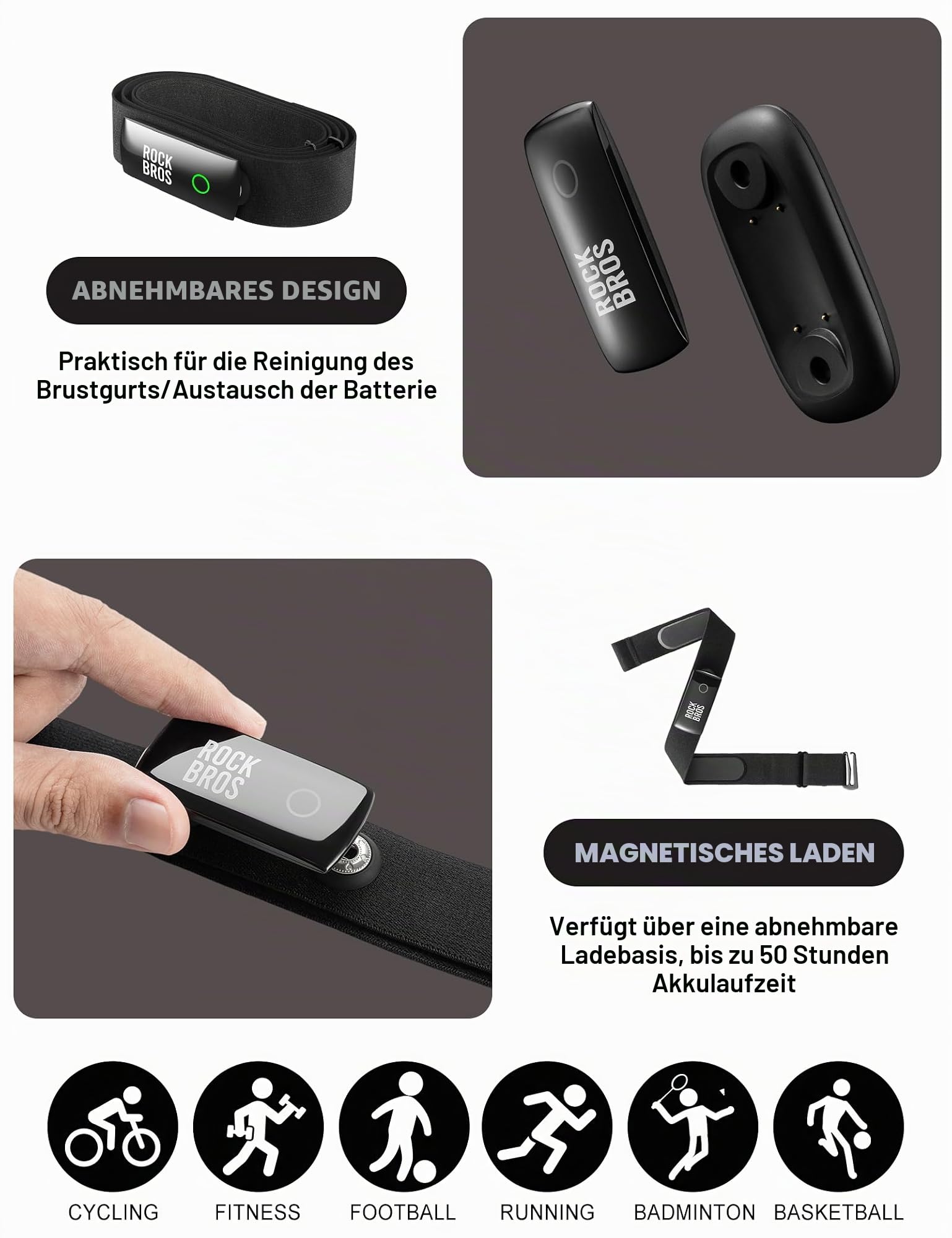 ROCKBROS Herzfrequenzmesser Brustgurt Bluetooth & ANT+, LED Anzeige, 50h Akku, IP67 Wasserdicht, Magnetladung, Kompatibel mit Garmin, Wahoo, Polar, Strava, Sports Tracker