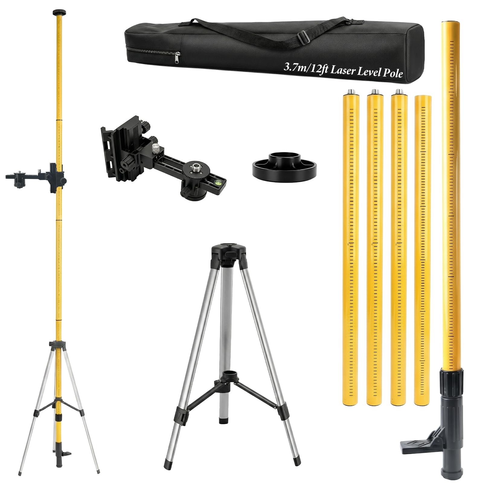 Adjustable Laser Level Pole, 12ft Telescopic Pole with Tripod for Rotary Lasers and Line Lasers, Laser Mounting Pole with 1/4"-20 Thread & 5/8"-11 Adapter, Carrying Bag