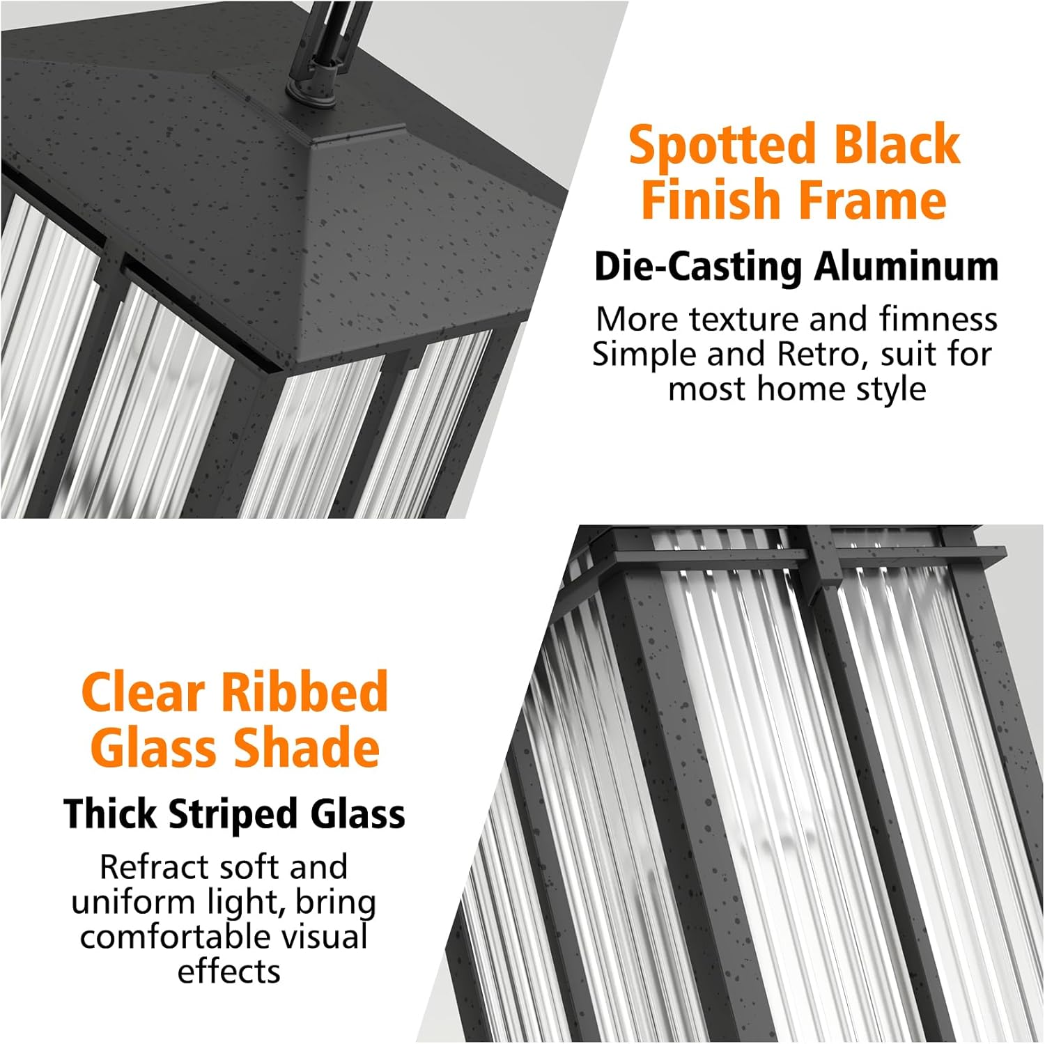 Outdoor Pendant Light Fixture, Soptted Black Aluminum Hanging Porch Lights Outdoor with Ribbed Glass, Exterior Pendant Lights with Adjustable Chain for Patio Corridor (Max 43.9''H, 1 pc)