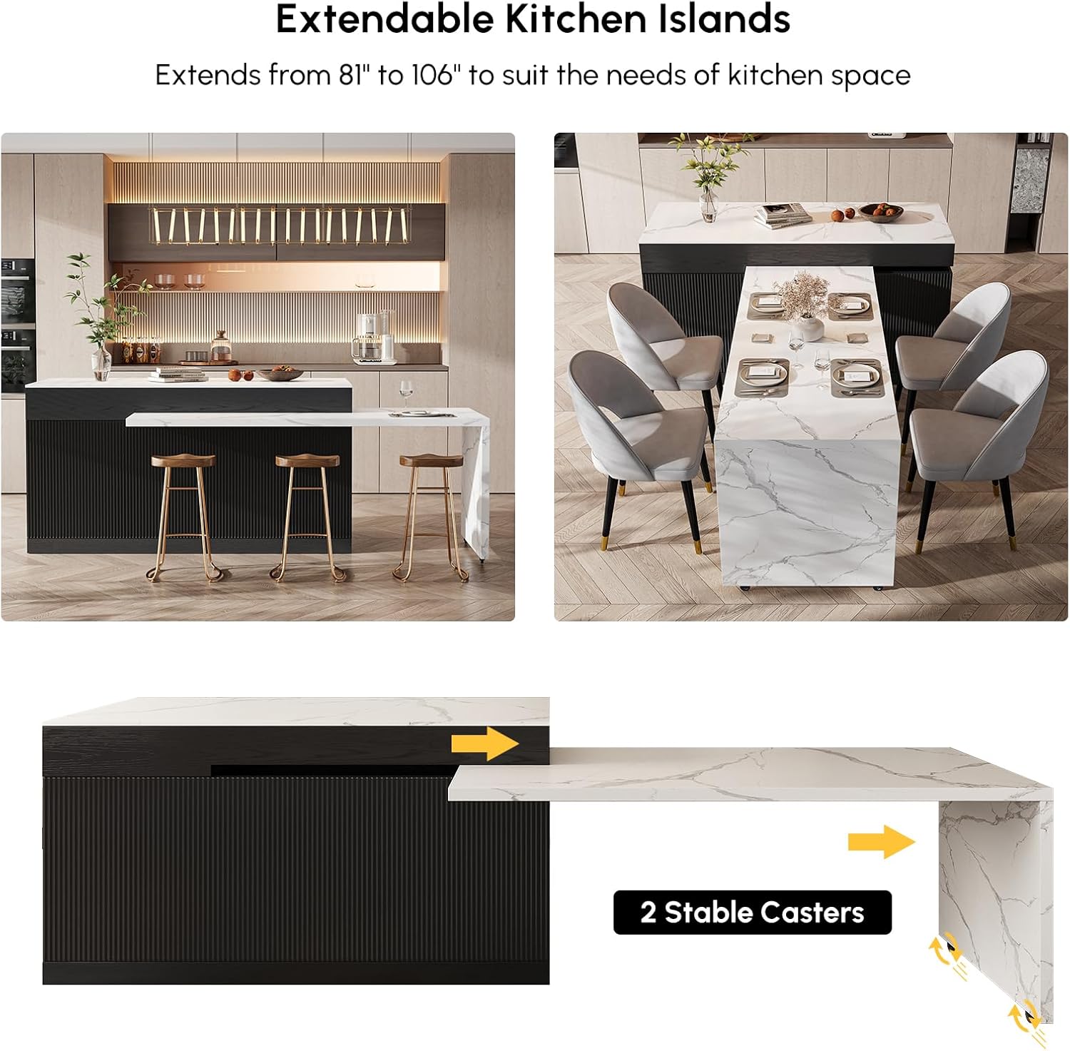 Homary Extendable Kitchen Island in its extended configuration with bar stools