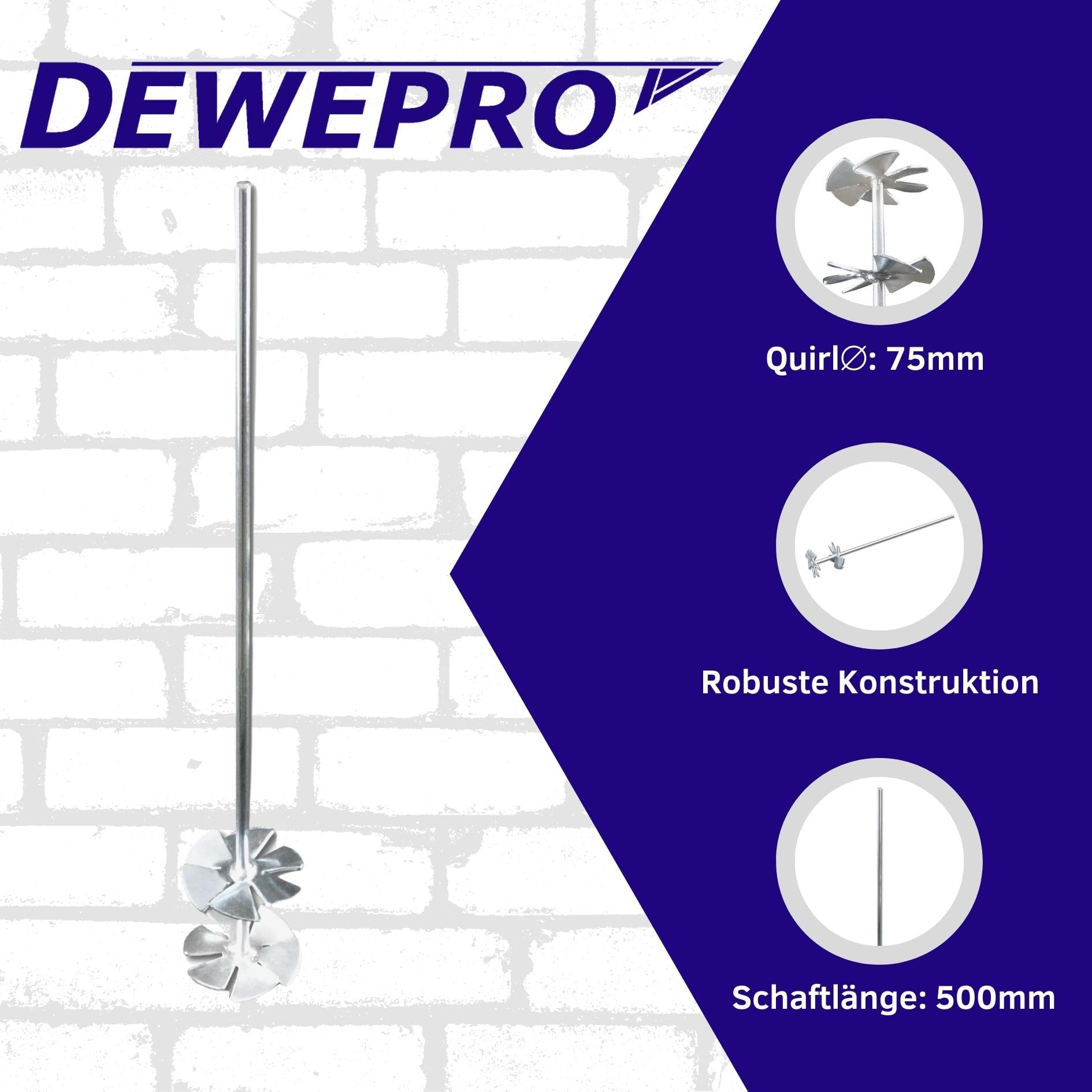 DEWEPRO Miscelatore per Pitture e Vernici Frusta Doppia Testa a Stella Zincata Ø75x500mm
