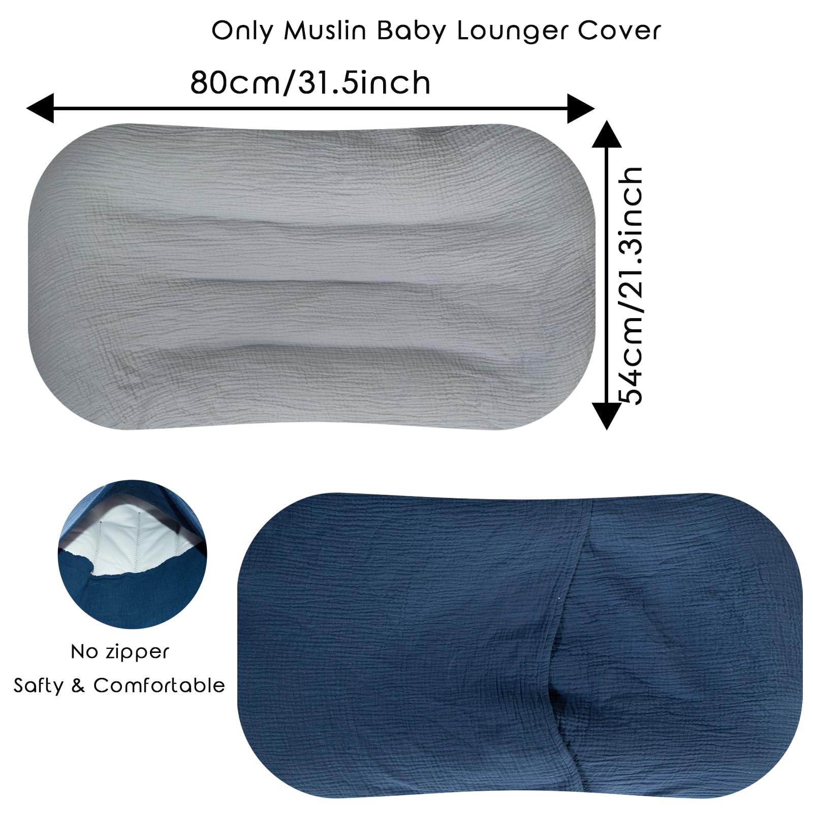 Ultra Soft Organic Muslin Baby Lounger Cover, Removable Loungers Slipcover Fit Newborn Baby Boys and Girls (Grey&Navy Blue)