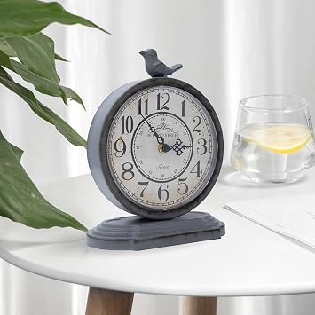 Vintage Table Clock 23cm Silent Non Ticking Artistic Bird Mantel Clock
