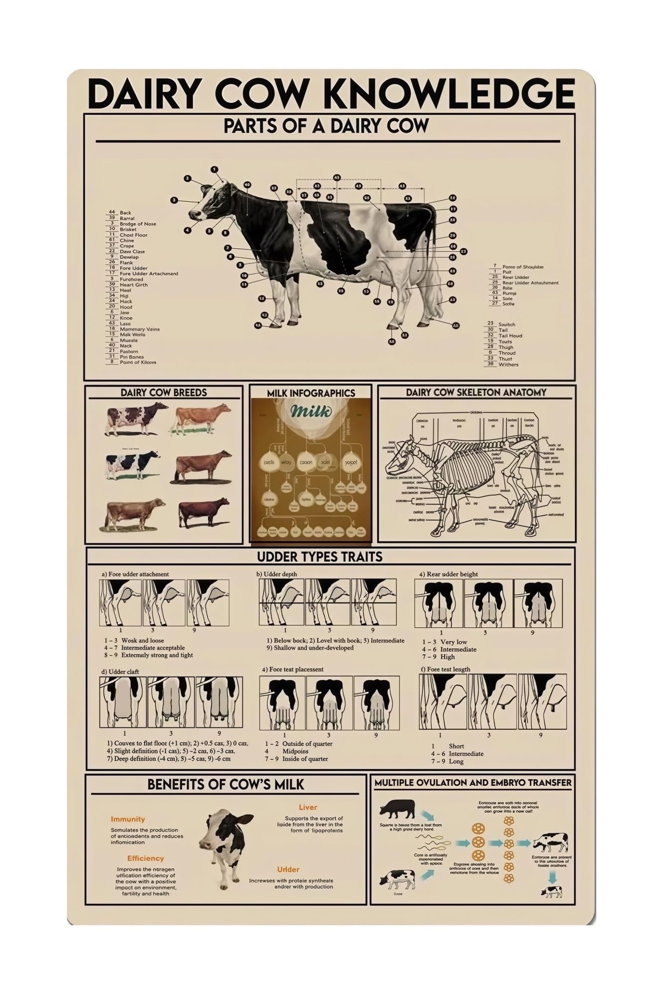 UYCUODLUY Anatomy of a Dairy Cow Poster Detailed Diagram of Bovine Udder and Milking Farm Animal Science Educational Wall Chart for Classroom(Unframed,16x24inch(40x60cm))