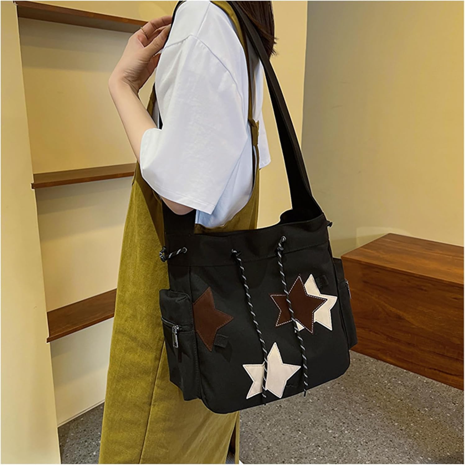 Women's Hippie Crossbody Bag Canvas Handbag Top Zipper Canvas Sling Strap Crossbody Bag Casual Handmade Bag (black)