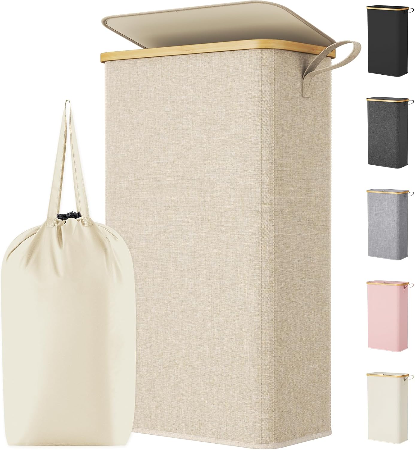 Lifewit Cesto Portabiancheria Salvaspazio, Cesta Biancheria Sporca con Coperchio, Porta Biancheria Sporca Slim per Bagno, Laundry Basket per Camera da Letto, Bagno, Lavanderia, 80 L, Beige