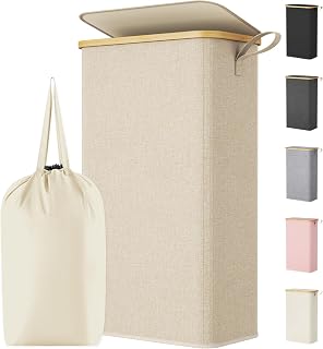Lifewit 75L Slim Laundry Hamper with Lid, Narrow Laundry Basket with Removable Bag & Bamboo Handles, Fodable Thin Dirty Clothes Hamper for Laundry Collapsible Bin for Bathroom Bedroom Dorm, Beige