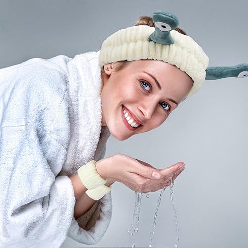 Miniatura 3 de 9 diademas de spa de caracol con muñequeras para lavar la cara, suave forro polar coral, diadema de maquillaje, con lindos animales, elástica, para