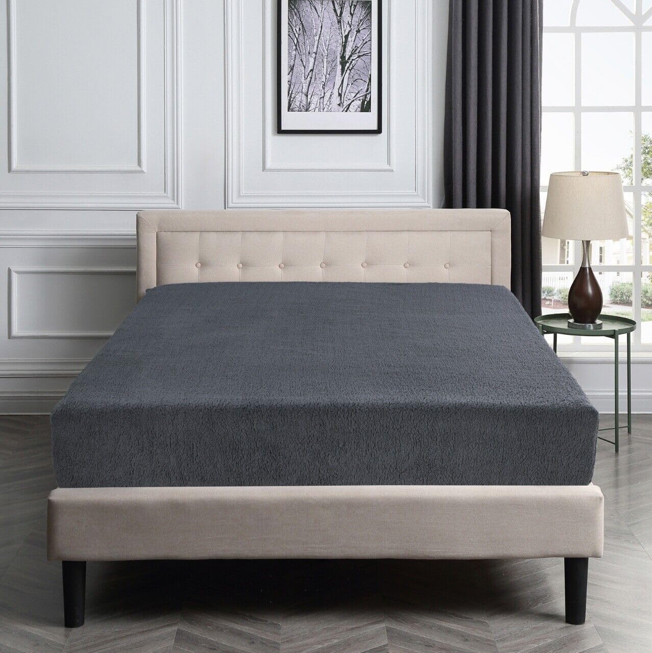 Teddy Fleece Fitted Sheet- Super Soft, Cosy & Fluffy - Teddy Bear Bed Sheets- Winter Warm- Extra Deep - Luxury Soft Thermal Faux Fur Sherpa Plain Bedding (Charcoal, Double)