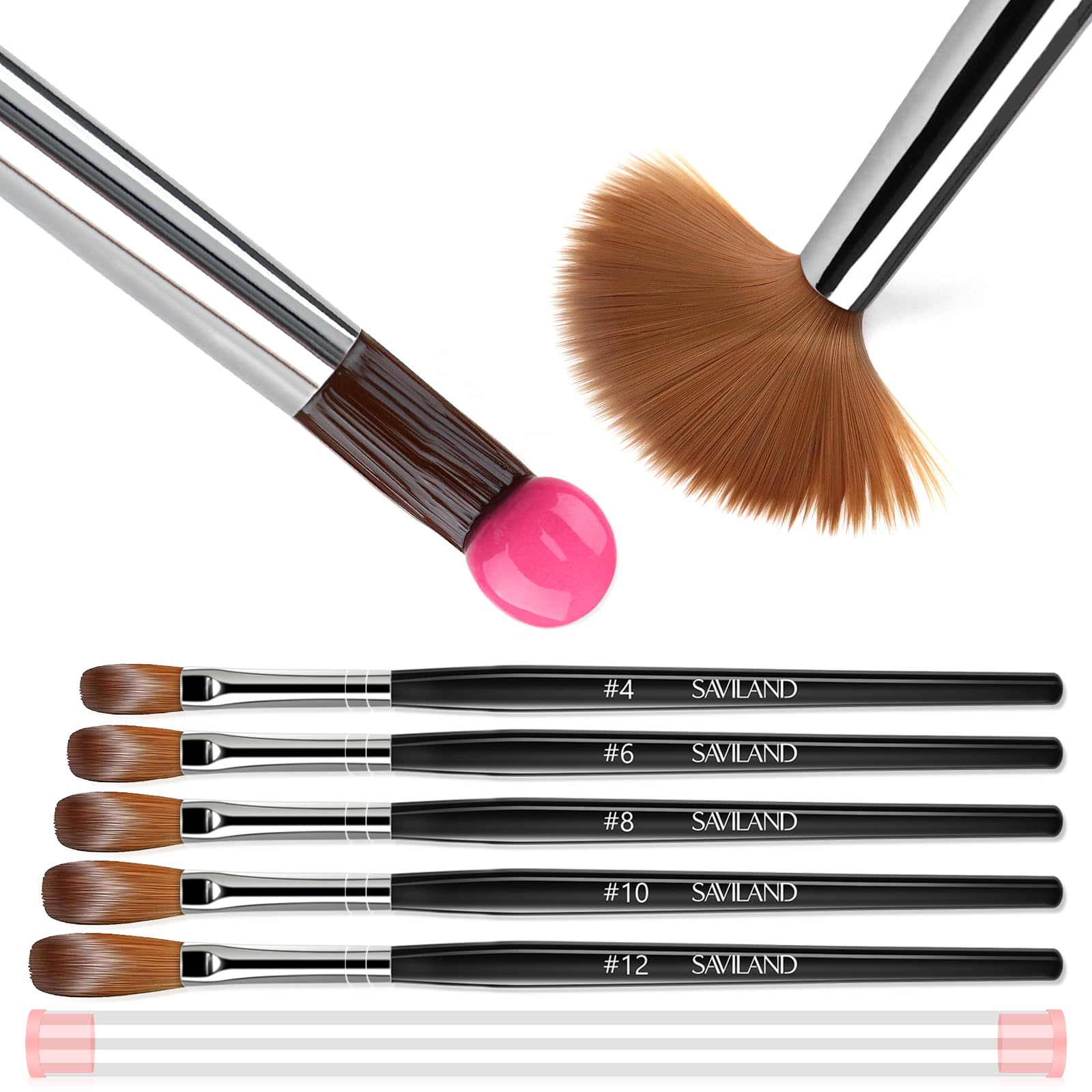 Saviland Kolinsky Acrylic Nail Brush Set: Size 4/6/8/10/12 Acrylic Nail Brushes for Acrylic Powder Application Round Shaped Nail Brushes for Nail Art Extension 3D Nail Carving Manicure Tools Home DIY