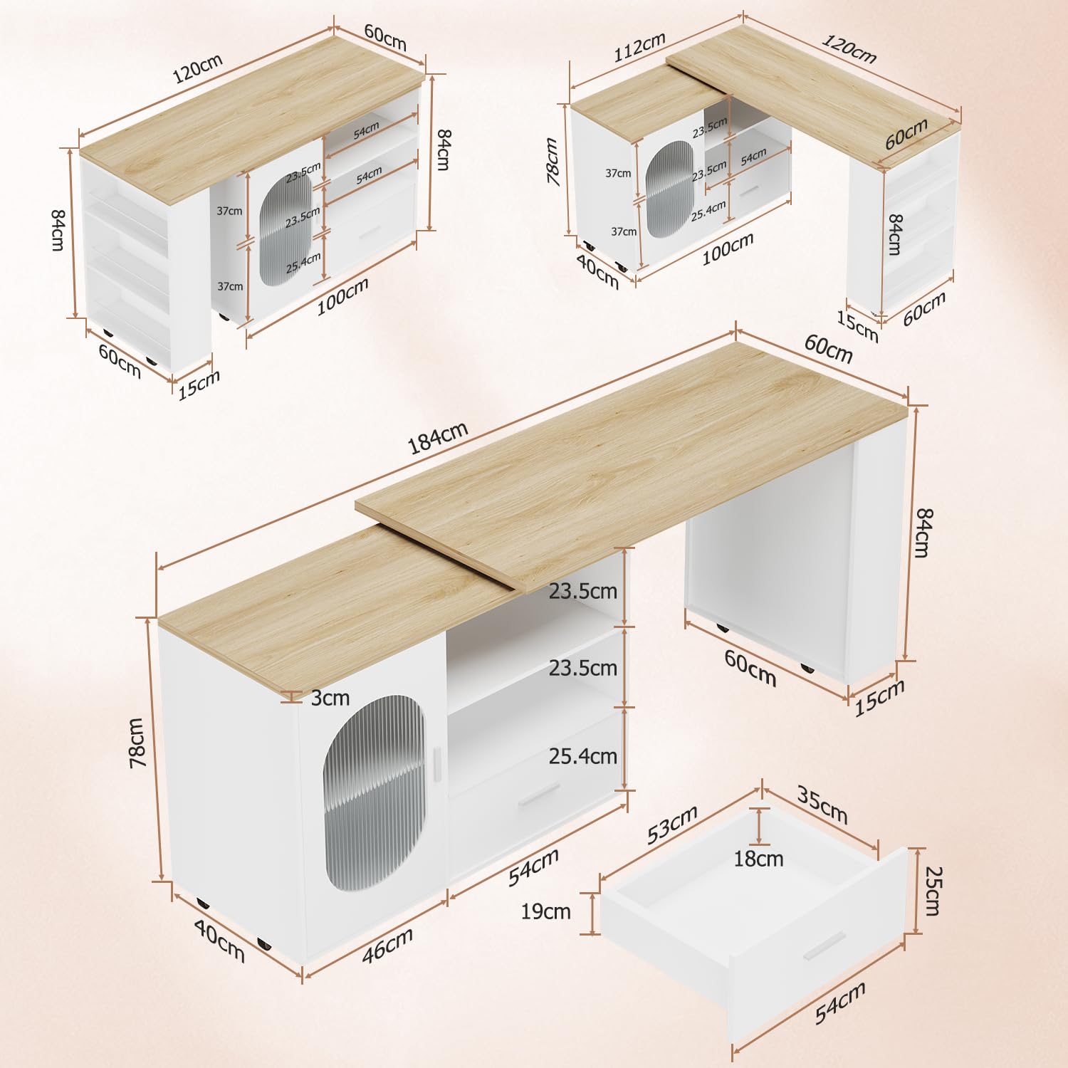 IBF Kücheninsel Freistehend mit Arbeitsplatte Auf 7 Rollen Küchenschrank Küchenwagen Moderne Mobile Kücheninsel Mit 360 Grad Drehbarer Holzplatte und Schublade Für Esszimmer Weiß 184 cm