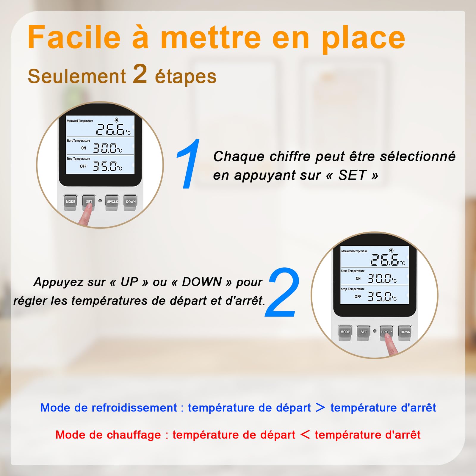 Thermostat Digital à Brancher sur Une Prise de Courant, régulateur de température, Interrupteur de Chauffage et de Refroidissement avec capteur, pour Tapis d'incubation, serres pour Reptiles