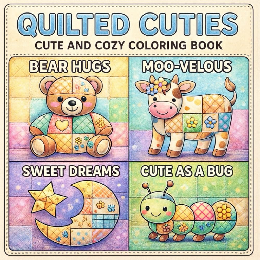 Quilted Cuties: Coloring Book for Adults and Teens Featuring Very Cute and Cozy animals Bold and Easy to color Positive Quotes