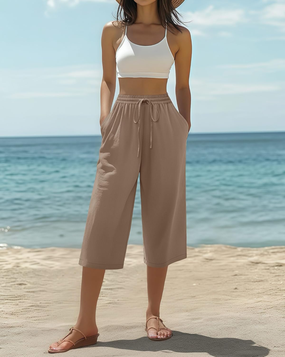 Neer 2 Pack Women's Linen Capris, Summer Drawstring Wide Leg Pants Casual High Waisted Palazzo Trousers with Pockets - Image 6