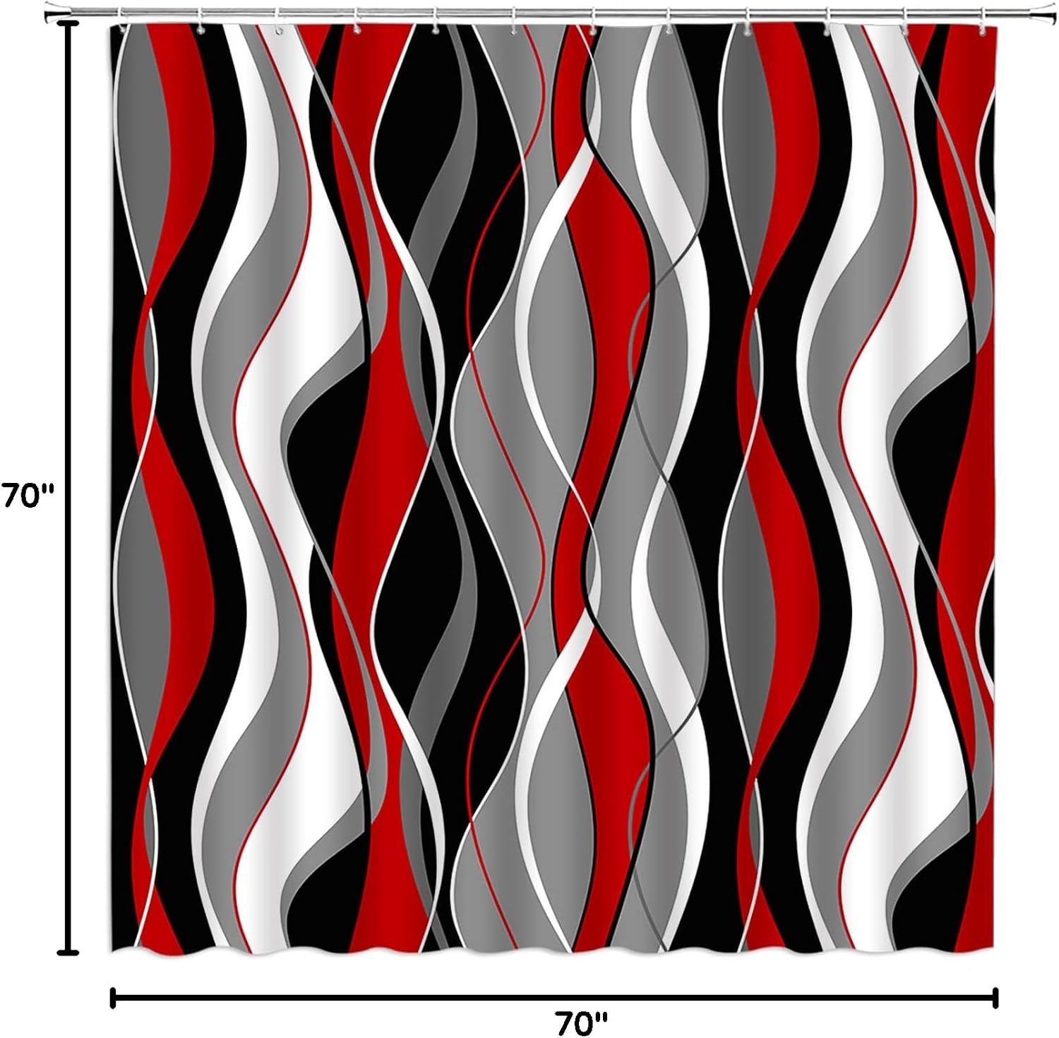 Modern Geometric Shower Curtain Red Black Gray Geometric Abstract Striped Aesthetic Boho Fabric Bathroom Decor with Hooks（70" Wx70 H）