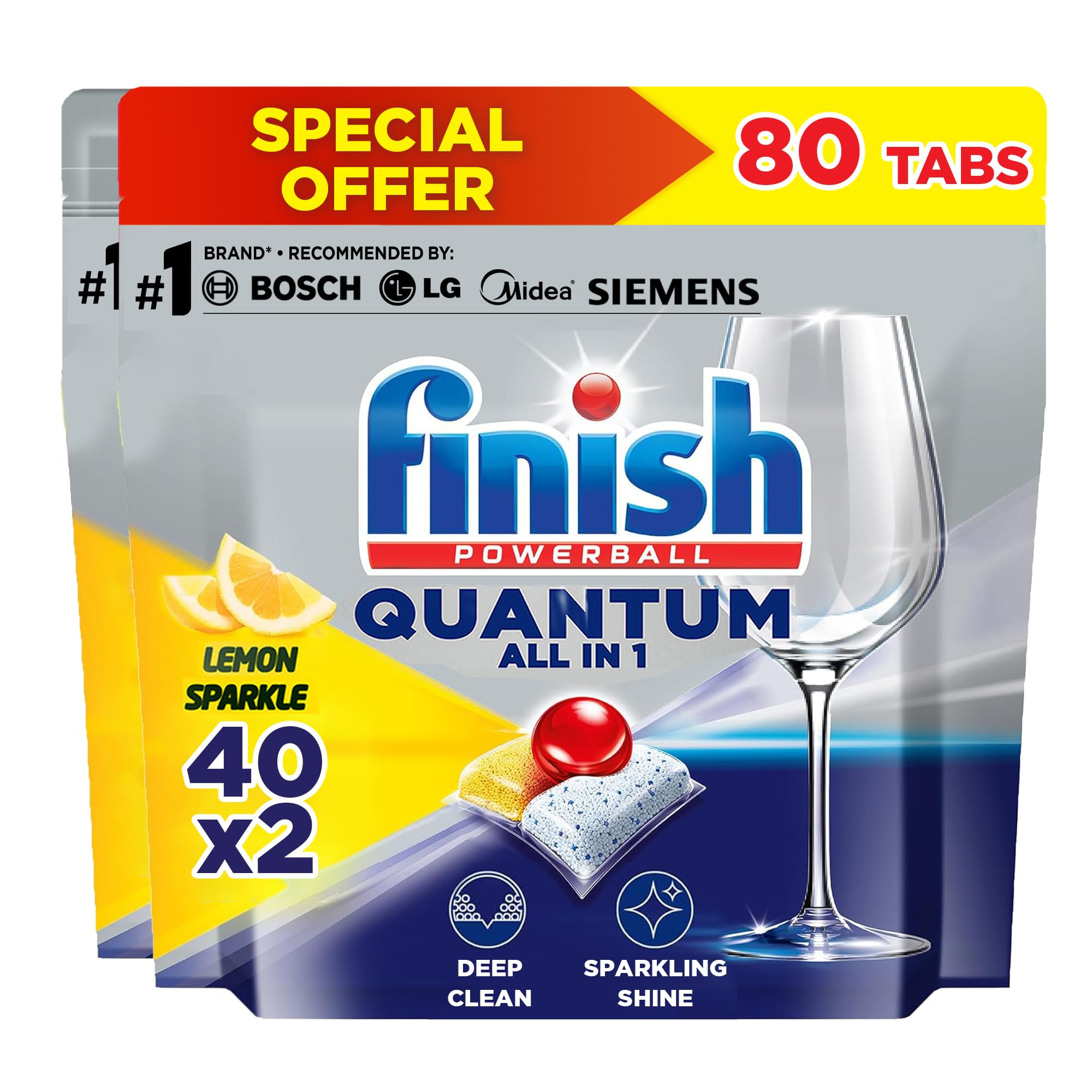 Finish Powerball Quantum Dishwasher Detergent, Lemon Sparkle Scent, 40 Tabs x 2