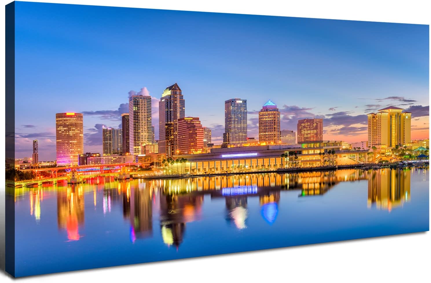 Florida Skyline Wall Art USA City Canvas Poster for Living Room Decorations Tampa Cityscape Picture Modern Office Wall Decor Blue Night Skyscraper Downtown River Reflection Painting Artwork 20x40”