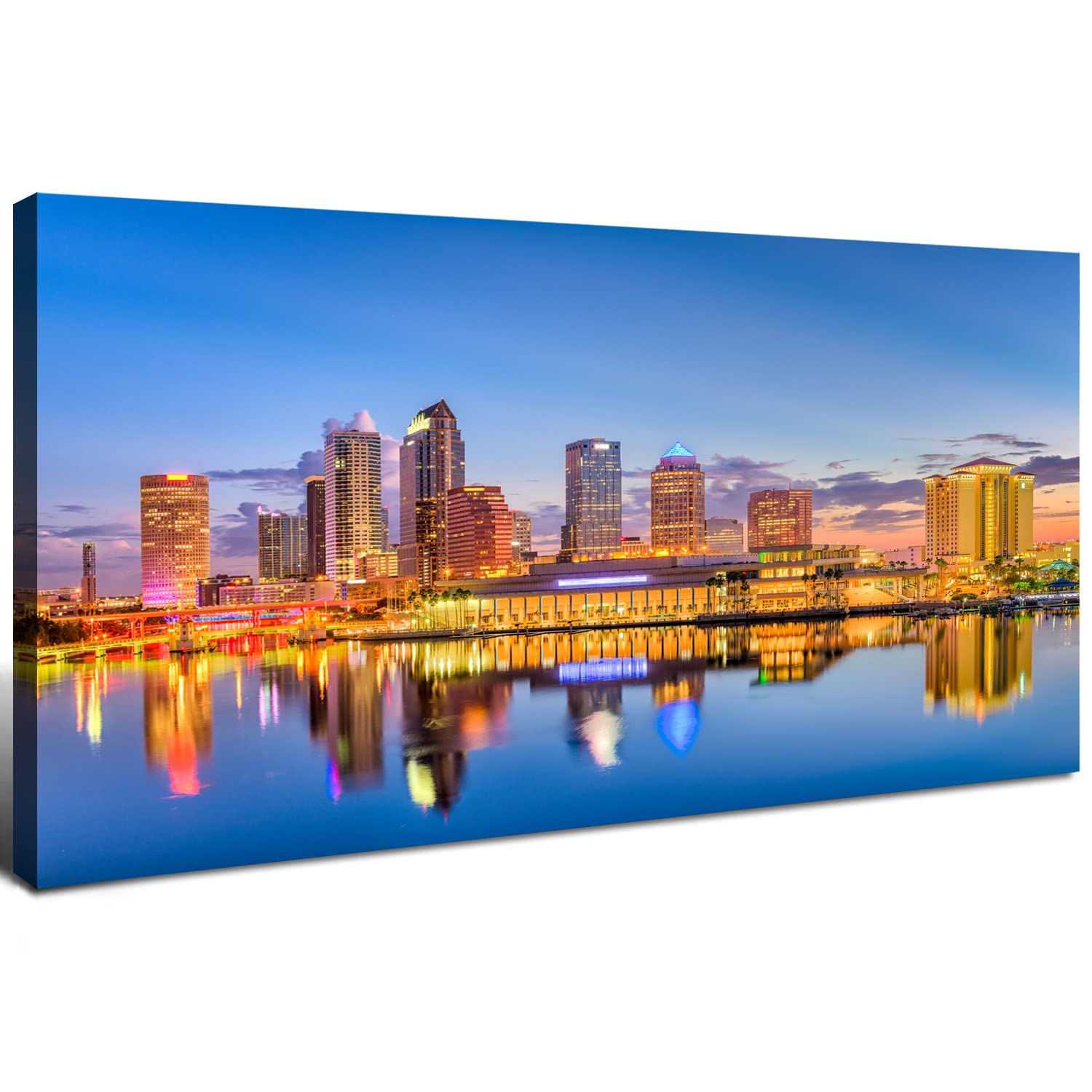 Florida Skyline Wall Art USA City Canvas Poster for Living Room Decorations Tampa Cityscape Picture Modern Office Wall Decor Blue Night Skyscraper Downtown River Reflection Painting Artwork 20x40”