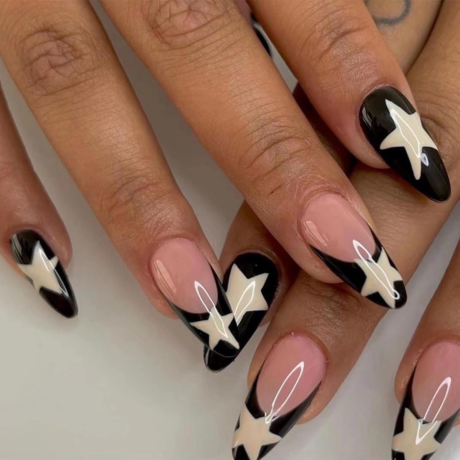 Press On Nails Black - Almond Nails with Stars, Medium Almond Press on nails, Press-on Nails with Grain Jelley and Nail File (24 Pcs)