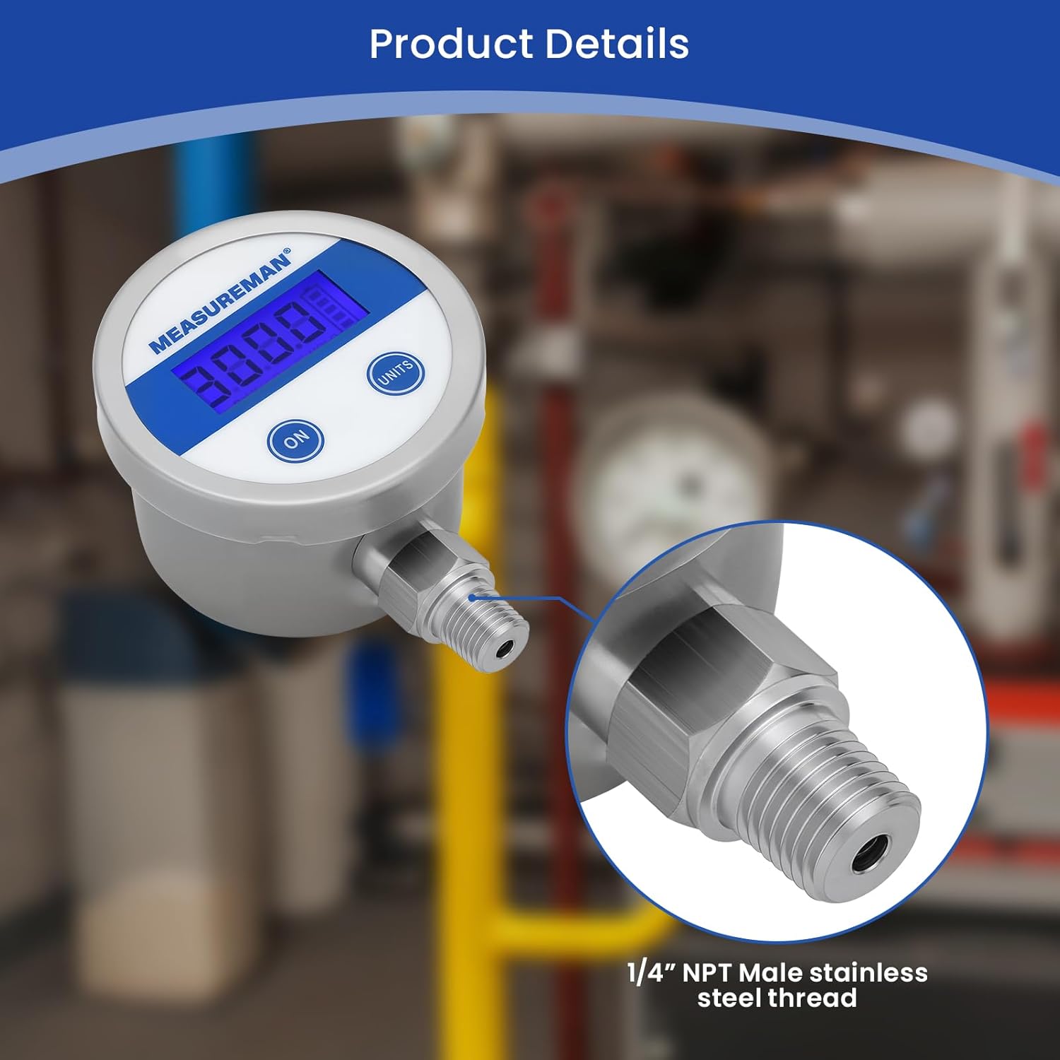 MEASUREMAN Economy Digital Pressure Gauge 2.5" Blue Backlit LCD, 0-300 PSI All Stainless Steel Case 1/4" NPT Connection 1% Accuracy