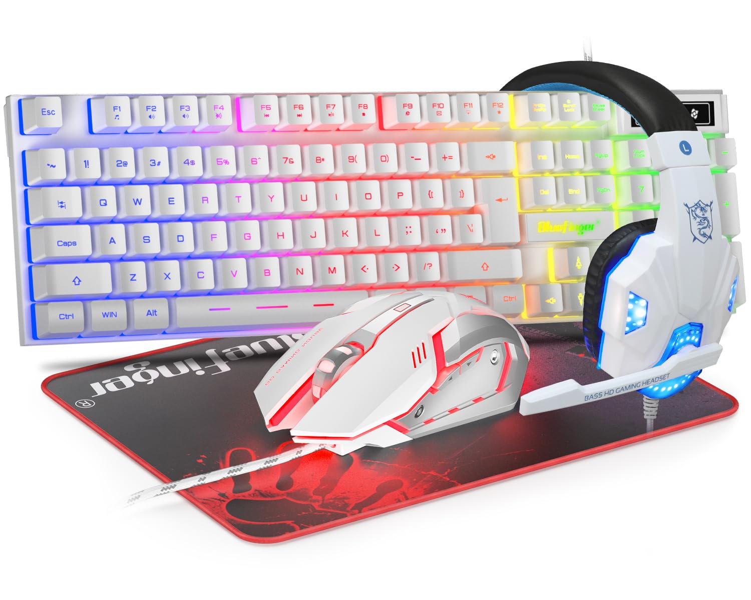 BlueFinger Tastiera da gioco RGB e mouse retroilluminato e combinazione, tastiera retroilluminata con cavo USB, set di mouse da gioco a LED, cuffie con microfono per computer portatile, PC, giochi e